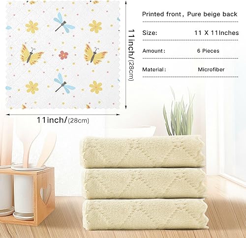 Miniatura 3 de Butterfly Dragonfly Flowers Cotton Decor Microfiber Dish Towel Quick Dry 6 Pack Microfiber Absorbant Towel for Restaurant Table