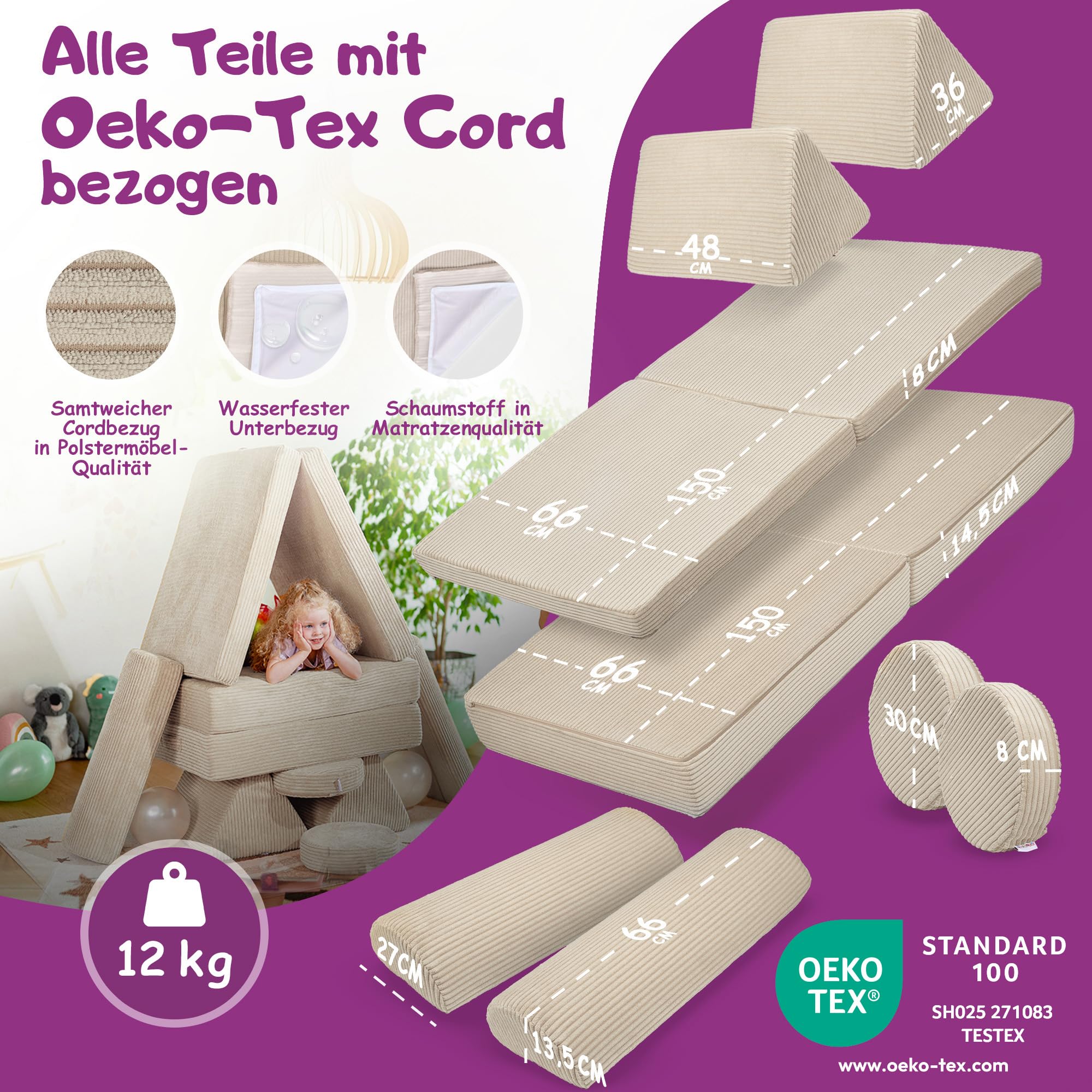 Linodino® Spielsofa Cord Fantasiewelt, Kindersofa-Bausteine - Stapelsteine für Kinder - Kindercouch, Sofa-Kuschelecke | Schaumstoff-Softbausteine | Oeko-TEX 100 Zertifiziert | Elfenzauber Beige