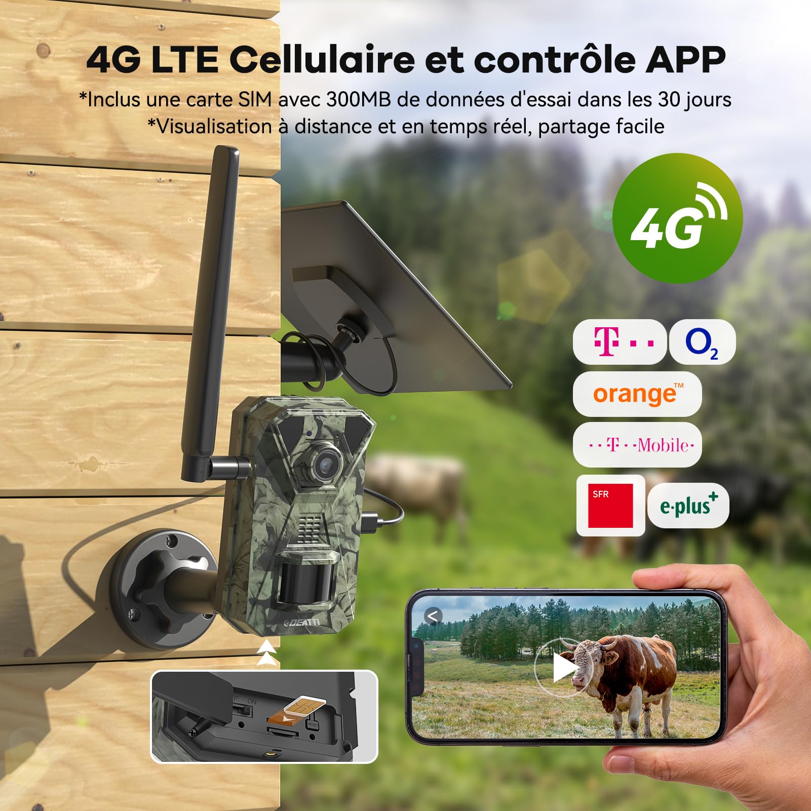 DEATTI 4G LTE Caméra de Chasse Connectée Téléphone, 2.7K HD Caméra Chasse Solaire avec Carte SIM Préinstallée, Vision Nocturne Animaux, Étanche IP66, Batterie 7800mAh (sans Carte SD)