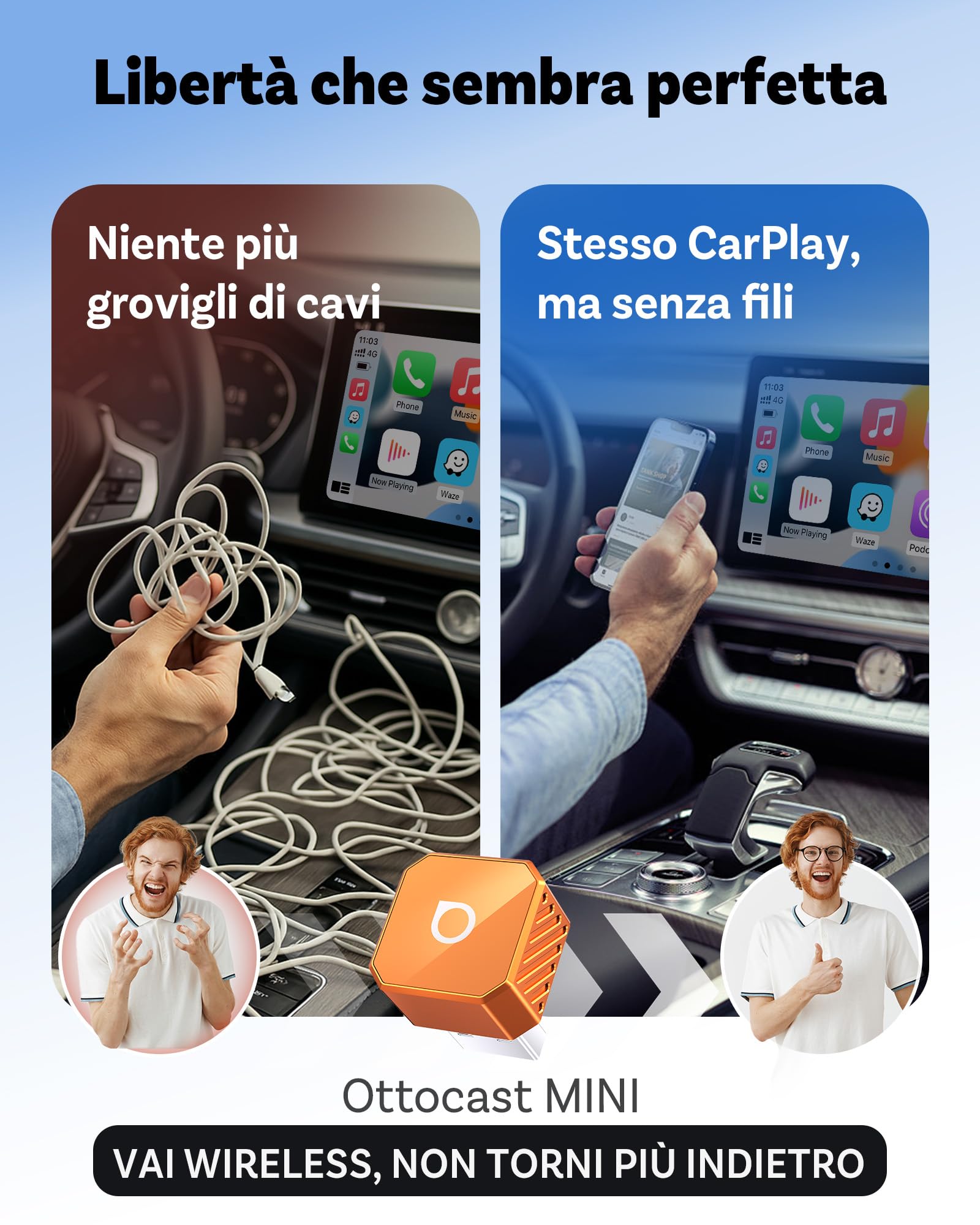 2026 Ottocast Mini Pot Orange, Adattatore CarPlay e Android Auto Wireless 2-in-1, Dongle Wireless Plug & Play, Auto-Connessione in 5s, Mini Cube per Auto con Sistema Cablato di Serie, iPhone e Android