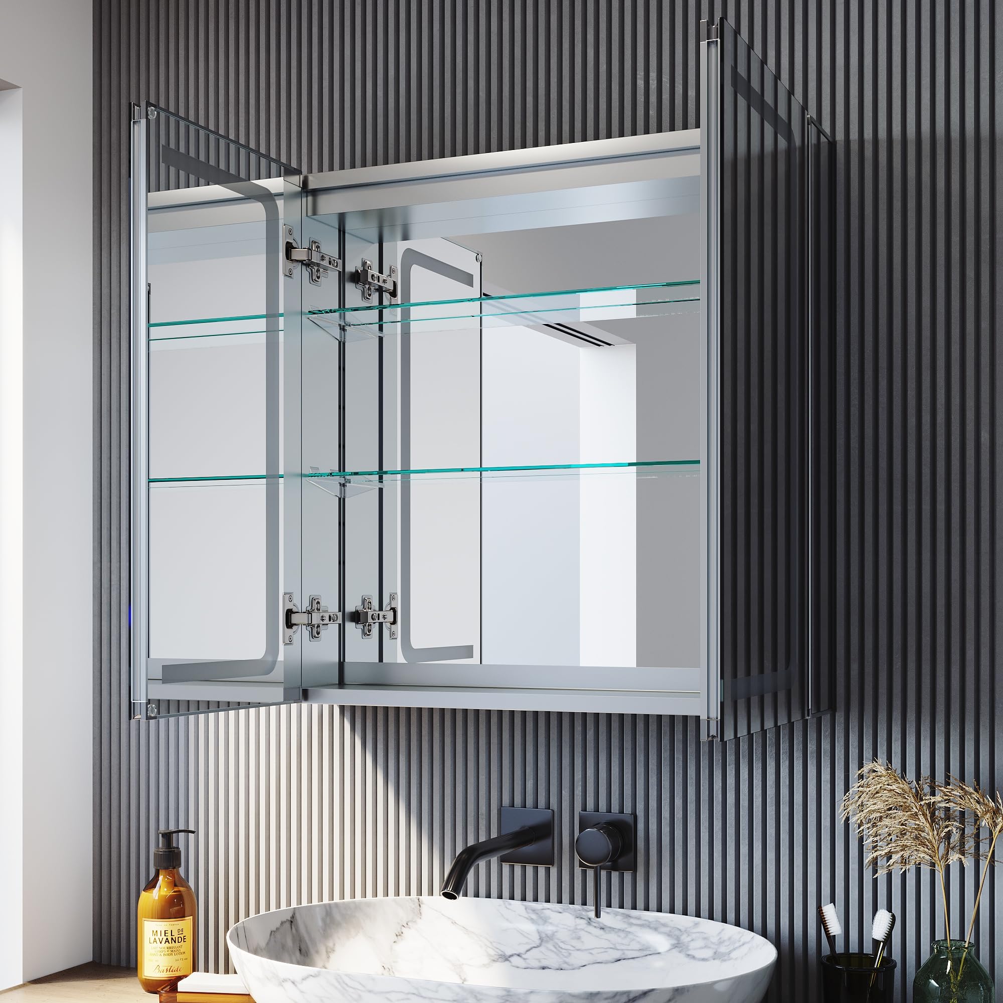SONNI Szafka z lustrem LED, 65 × 65 cm, bez zaparowania, szafka z lustrem z oświetleniem z gniazdkiem aluminiowym, szafka łazienkowa z lustrem z przełącznikiem dotykowym