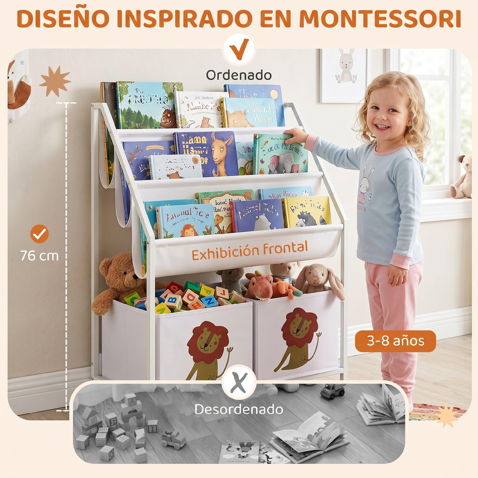 AIYAPLAY Librería Infantil de 4 Niveles Montessori Niños 76 cm Blanco | Estantería para Libros, 3 Estantes, 2 Cajones de Tela, Diseño de León, Sala de Juegos, Dormitorio, Guardería