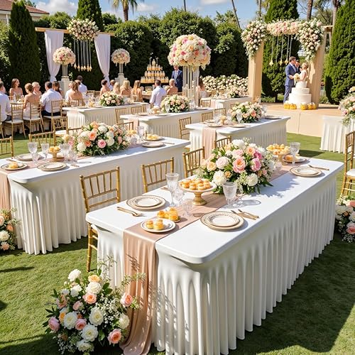 Miniatura 2 de 3 paquetes de falda de mesa de elastano de 8 pies, mantel elástico marfil, diseño de volantes sin arrugas, perfecto para mesas rectangulares,