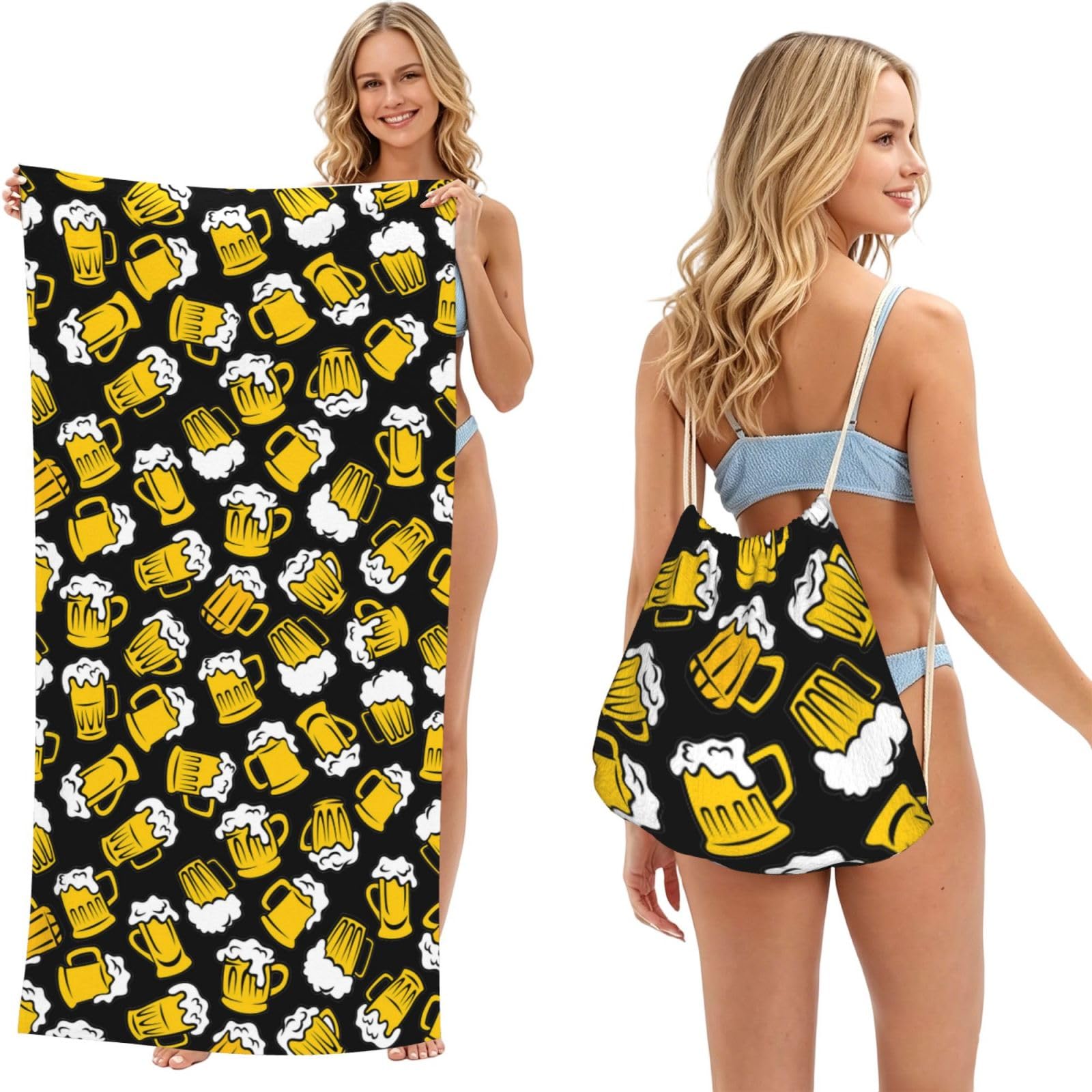 Poadnly As Picture Retro Cartoon Beer, 2 In 1 Packable Towel Bag, Beach Towels With Drawstring Backpack For Travel Holiday Camping