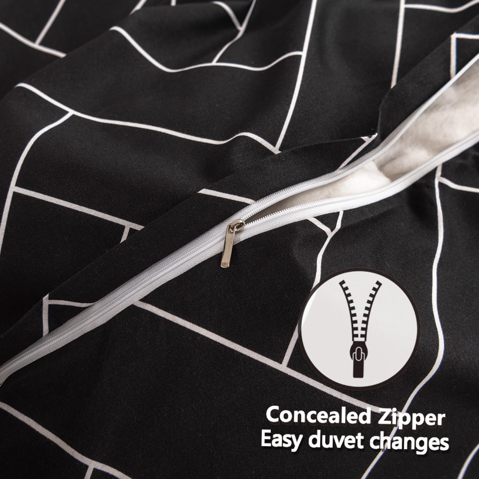 Double Duvet Set, Black Double Duvet Cover Set including Zipper Closure, 3 Piece Bedding Set - Image 4