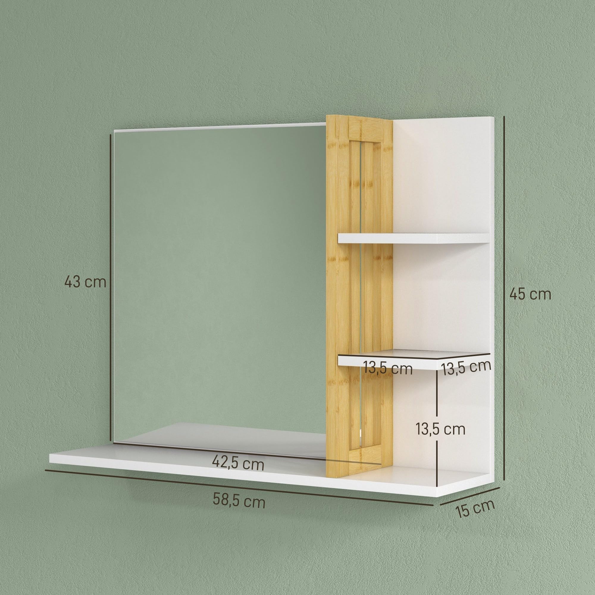 HOMCOM Miroir Mural de Salle de Bain avec étagères de Rangement - 3 étagères latérales + 1 étagère inférieure - Bois de Bambou Blanc