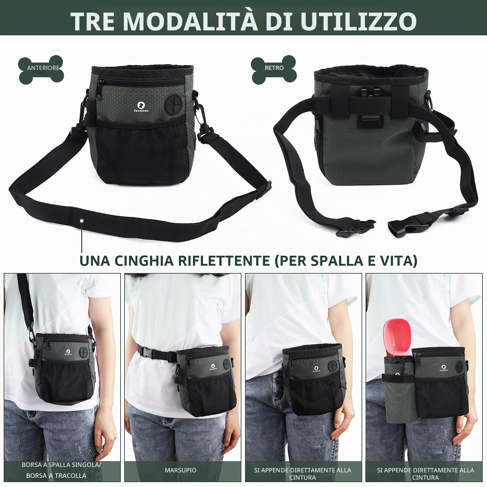 Borsa per dolcetti per Cani,con Borsa per Bottiglie d'Acqua e Dispenser per Sacchetti per Cacca incorporati per addestramento degli Animali Domestici e Porta Giocattoli