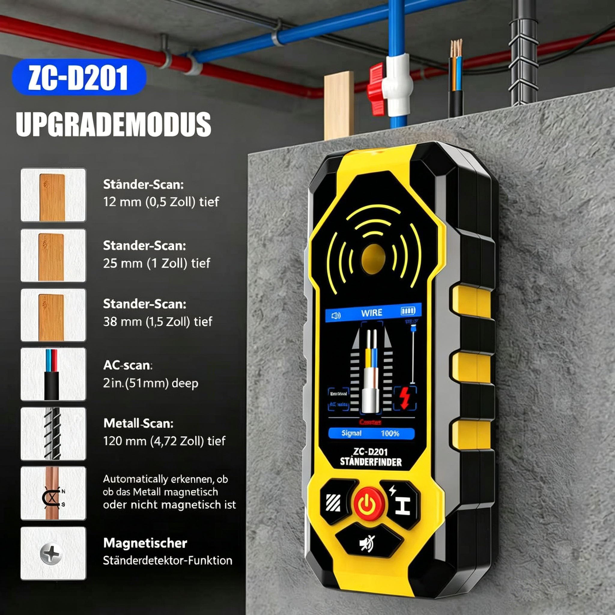Ortungsgerät Leitungssucher 4 in1 Professioneller Multifunktionaler Wand Scanner Detektor für Holz, Metalle, Nichteisenmetalle, Kabel, mit Akustischer und Visueller Anzeige ZC-D201