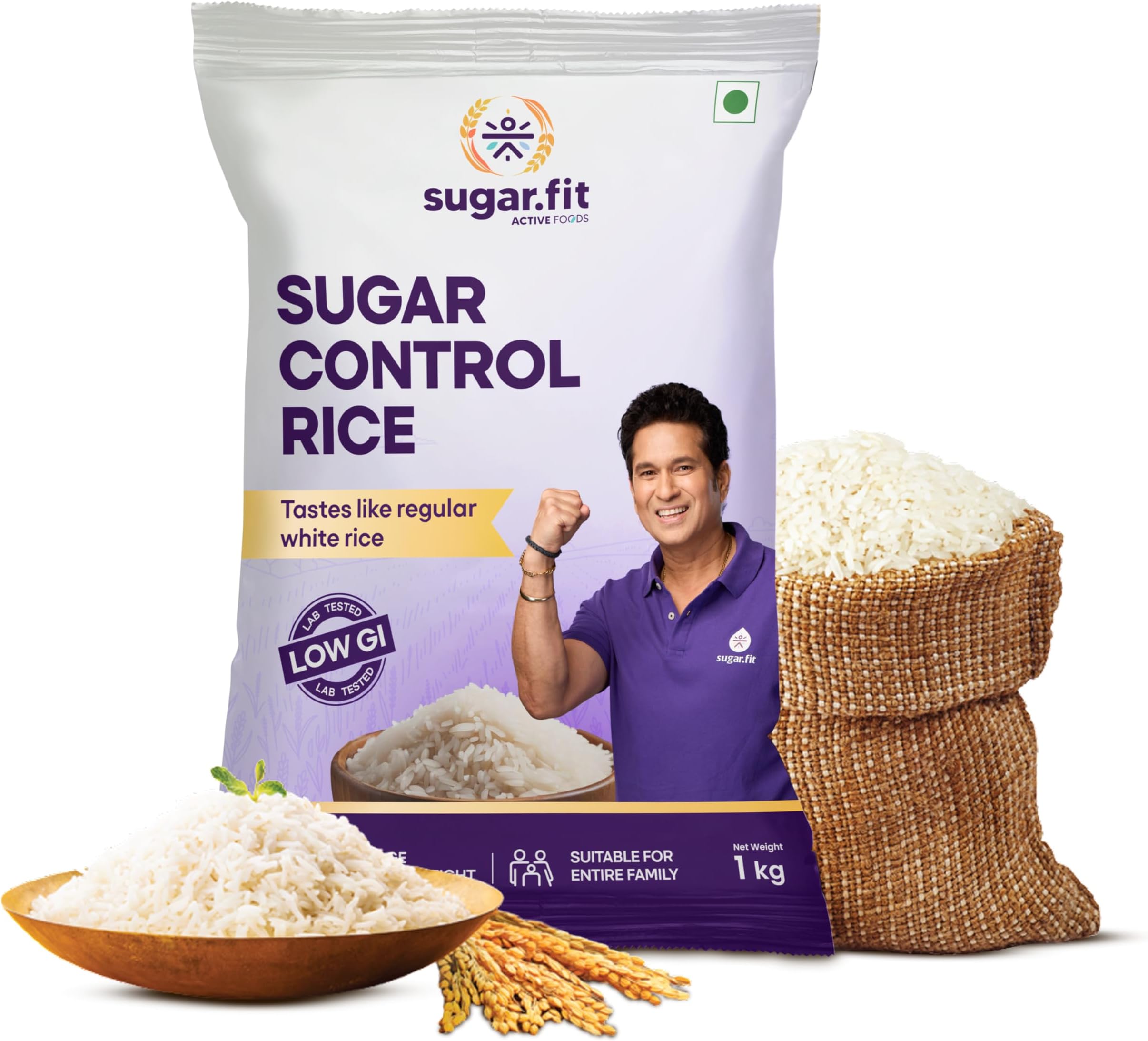 Sugar.fit Sugar Control Rice – Sona Masoori, lab-tested low glycemic, whole grain 100% natural, pesticide-free, diabetes- friendly, supports healthy weight & blood sugar – 1 Kg (Pack of 1)