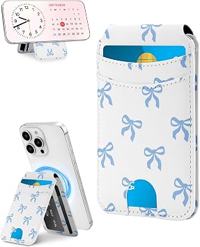 Jusy Phone Card Holder,Magnetic Phone Wallet Stand Adjustable Leather, Cute Pattern Wallet for Women Girls - Blue Bow