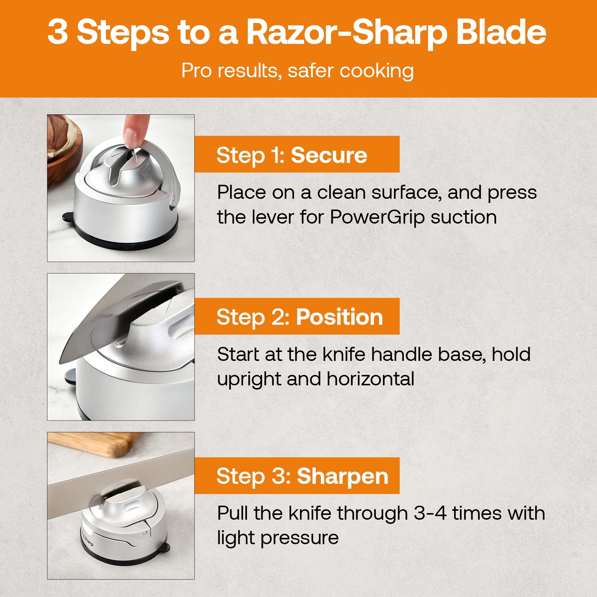 AnySharp Knife Sharpener, Hands-Free Safety, PowerGrip Suction, Safely Sharpens All Kitchen Knives, Ideal for Hardened Steel & Serrated, World's Best, Compact, One Size, Silver — view 68