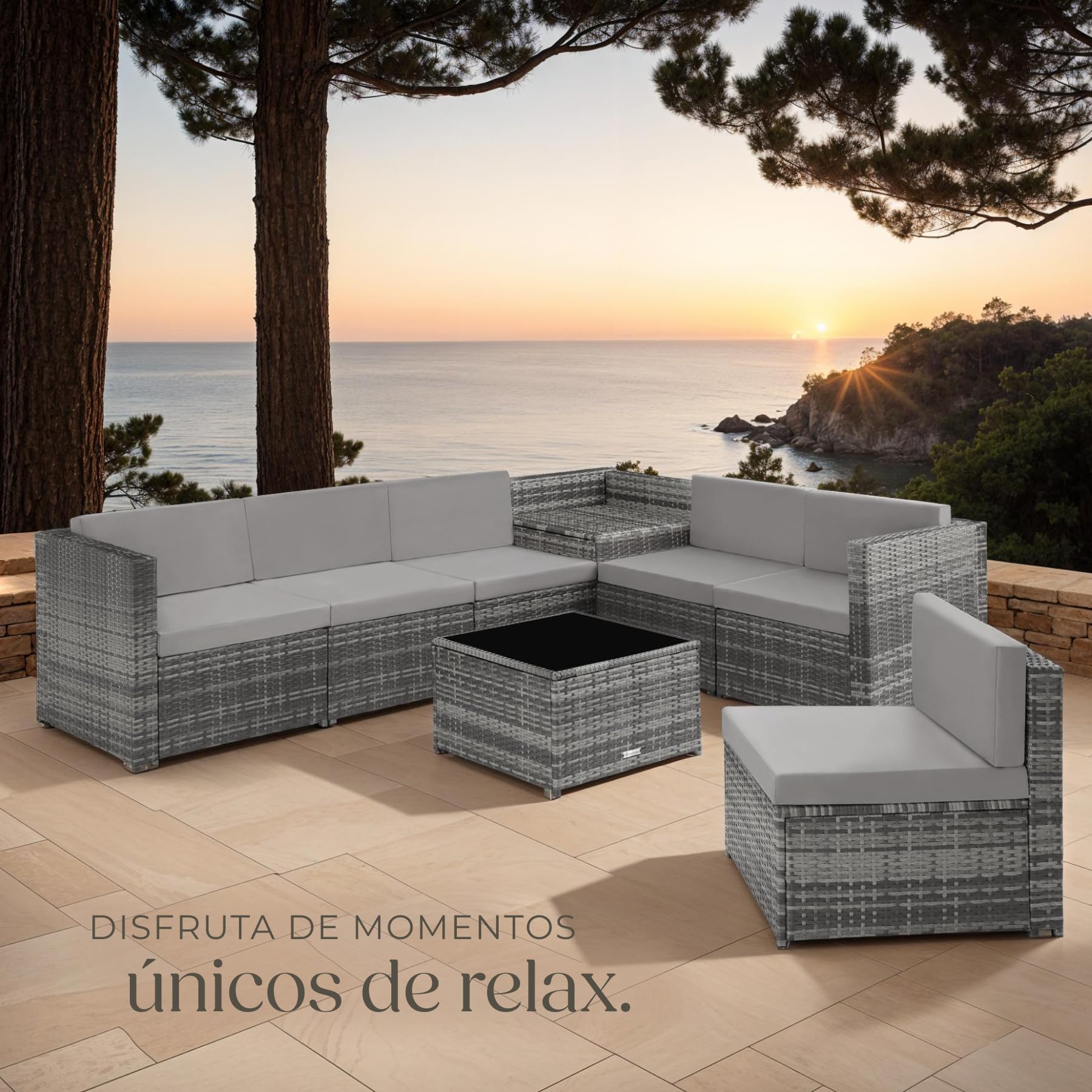tectake® Conjunto Jardín de Ratán, Muebles Jardín Exterior 6 Sillones, 1 Mesa con Cristal, 1 Baúl Almacenamiento, Conjunto Terraza Resistente a la Intemperie, con Cojines, Estructura en Acero - Gris