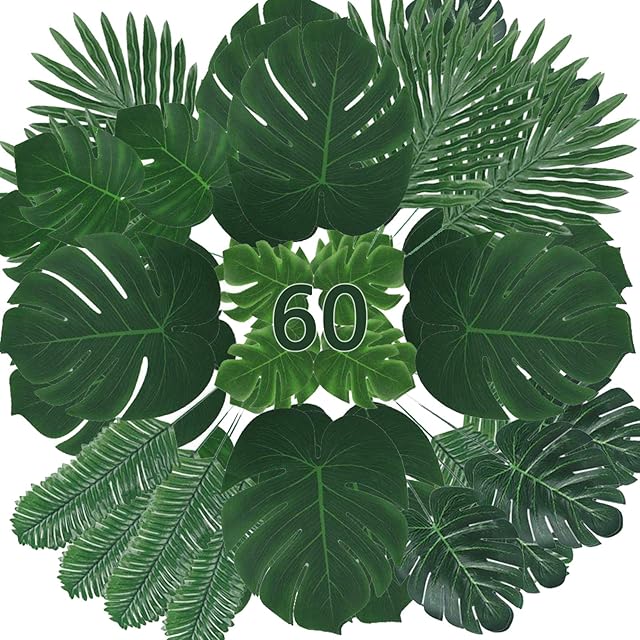 Zhou-long Fake Leaves 60 Pcs Artificial Leaves Tropical Palm Leaves Monstera Leaves with Stems for Safari Decorations Tropical Party Supplies Jungle Beach Luau Theme Party Decorations (6 Kinds)