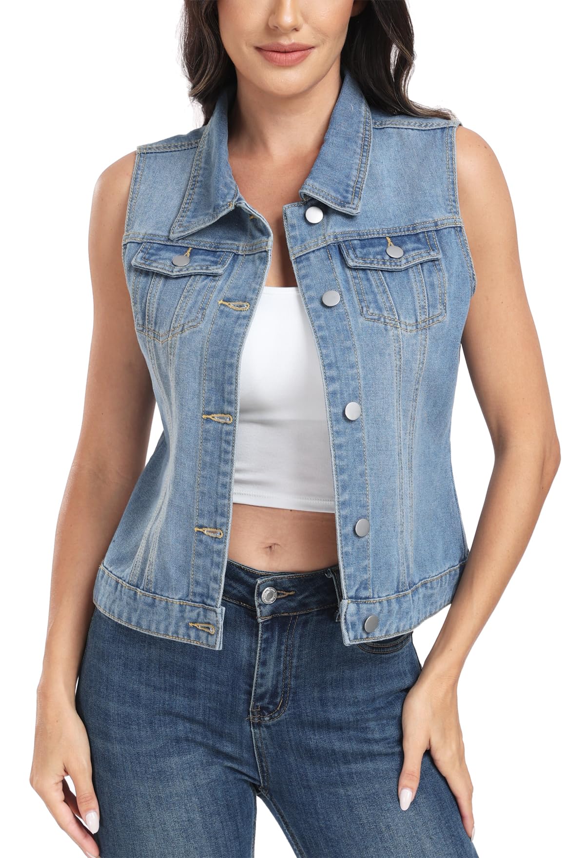 MISS MOLY Women's Denim Vest Cropped Classic Sleeveless Jean Vest Jackets With Flap Pockets