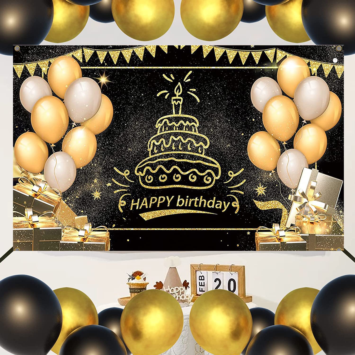 Happy Birthday Hintergrund Schwarz-Gold – 1,8x1,1 M, Mit Ballon-Glitzer, Für Fotos