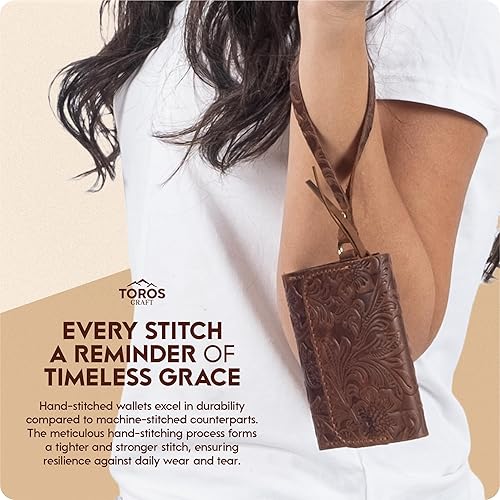 Miniatura 6 de Toros Craft Billeteras de pulsera hechas a mano para mujer, de cuero floral occidental, pequeño tarjetero con cremallera, bolsa minimalista y