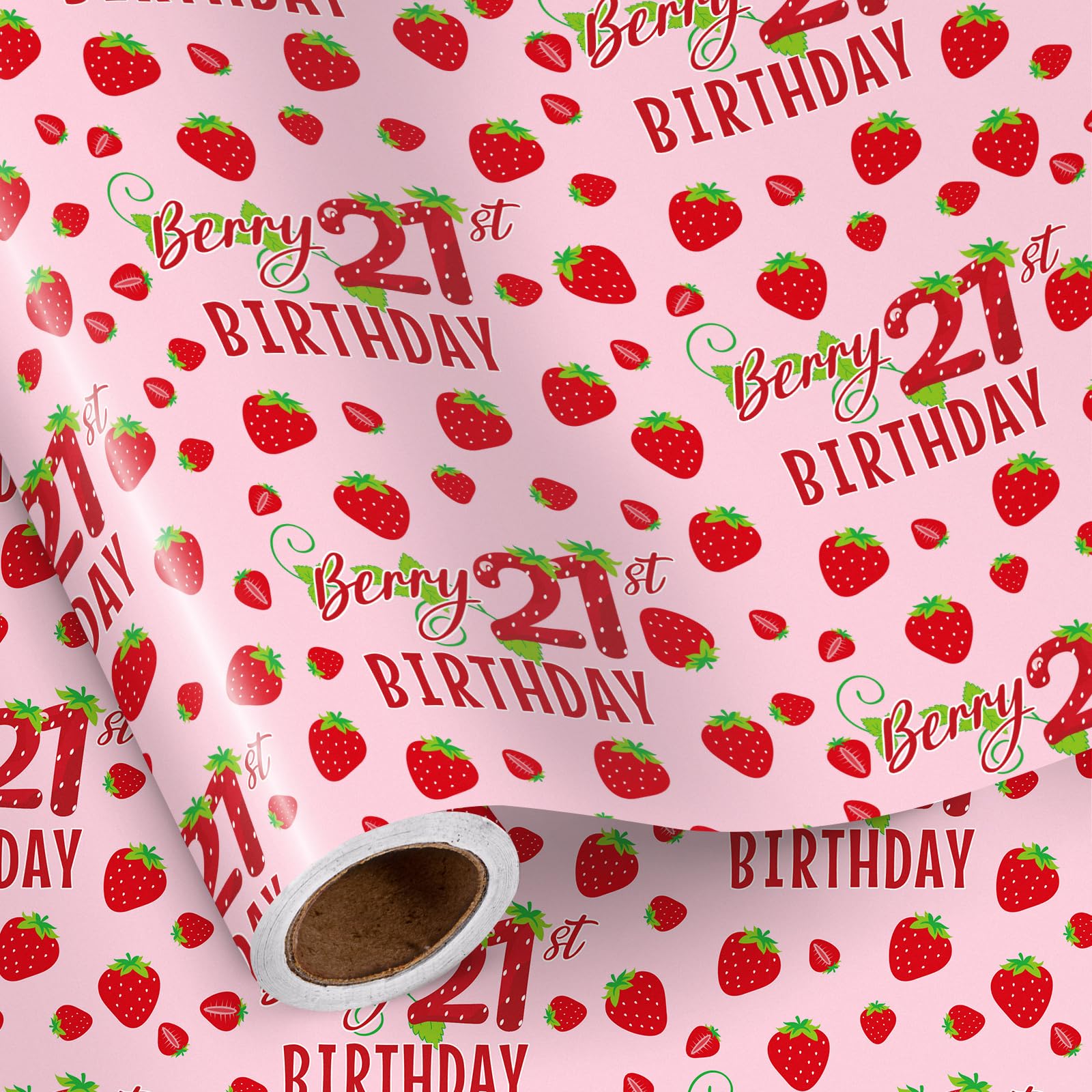 RUSPEPA 21st Birthday Wrapping Paper Mini Roll, Pink Strawberry Berry Theme, Gift Wrap for Girls & Girlfriend Birthday Party, 43.2cm x 5m