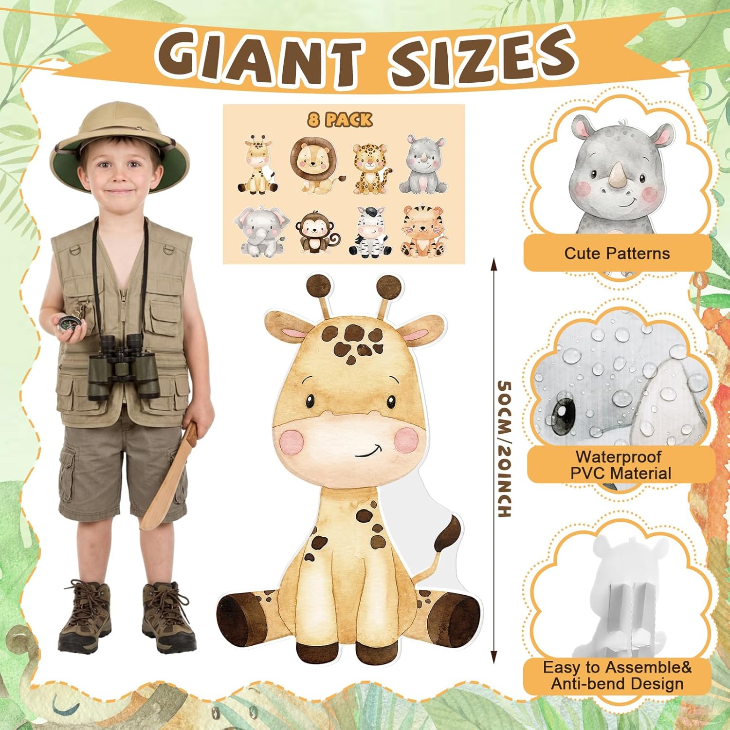 8 Pcs Safari Baby Shower Birthday Decoration 20 Inch Large Plastic Safari Cutouts with Stand Jungle Forest Animals Cutouts Woodland Photography Nursery Birthday Decorations