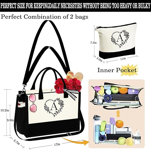 Miniatura 4 de YOOLIFE Bolsa de lona con inicial, bolsa de playa con cremallera, bolsa de maquillaje, regalo de cumpleaños, día de San Valentín, para mujeres,