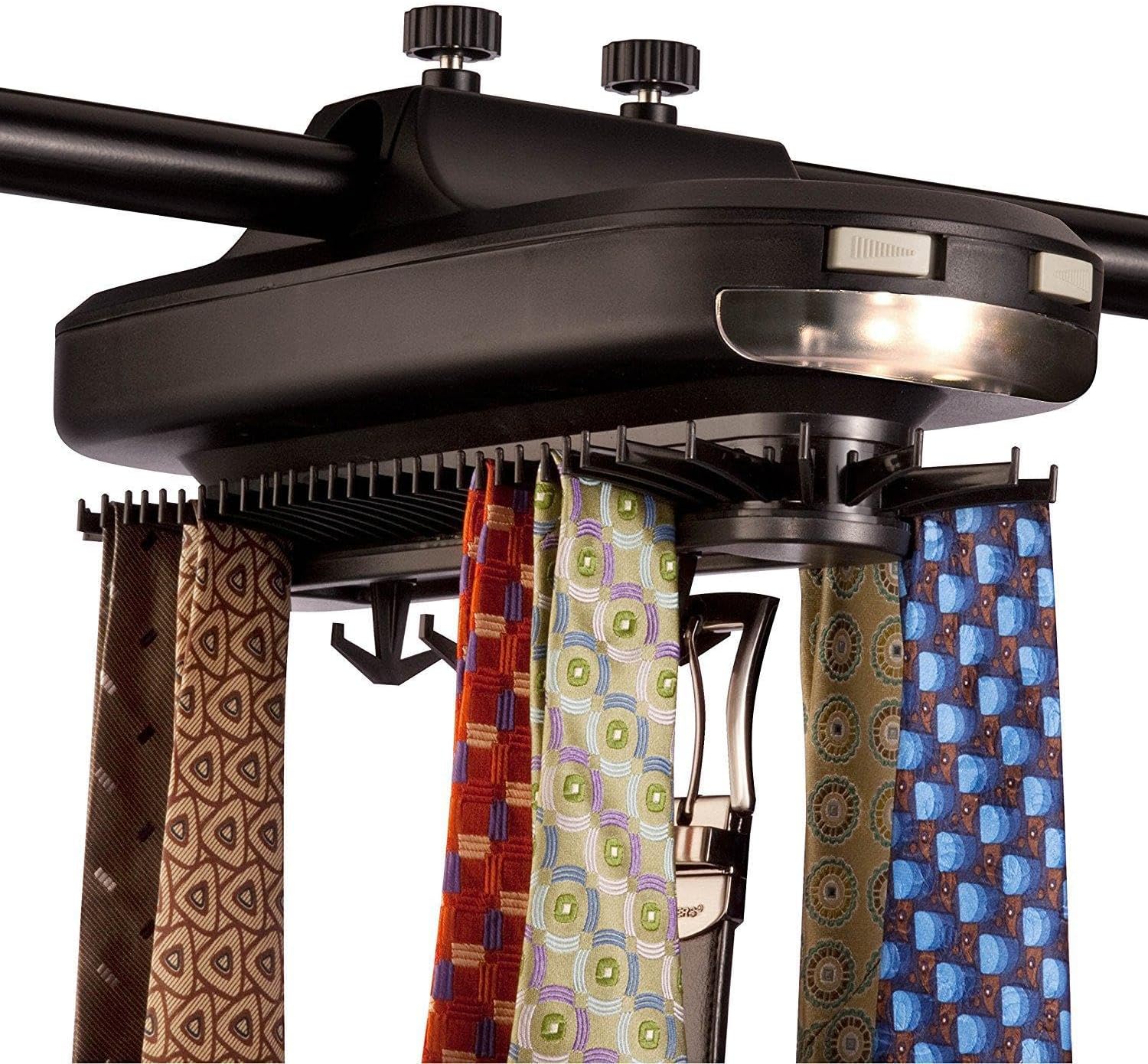 Tie Rack,ROYCHIH Electronic Tie Rack That Fits On Wardrobe Hanging Rail with Built in LED Light - Organise And Store Your Neckties