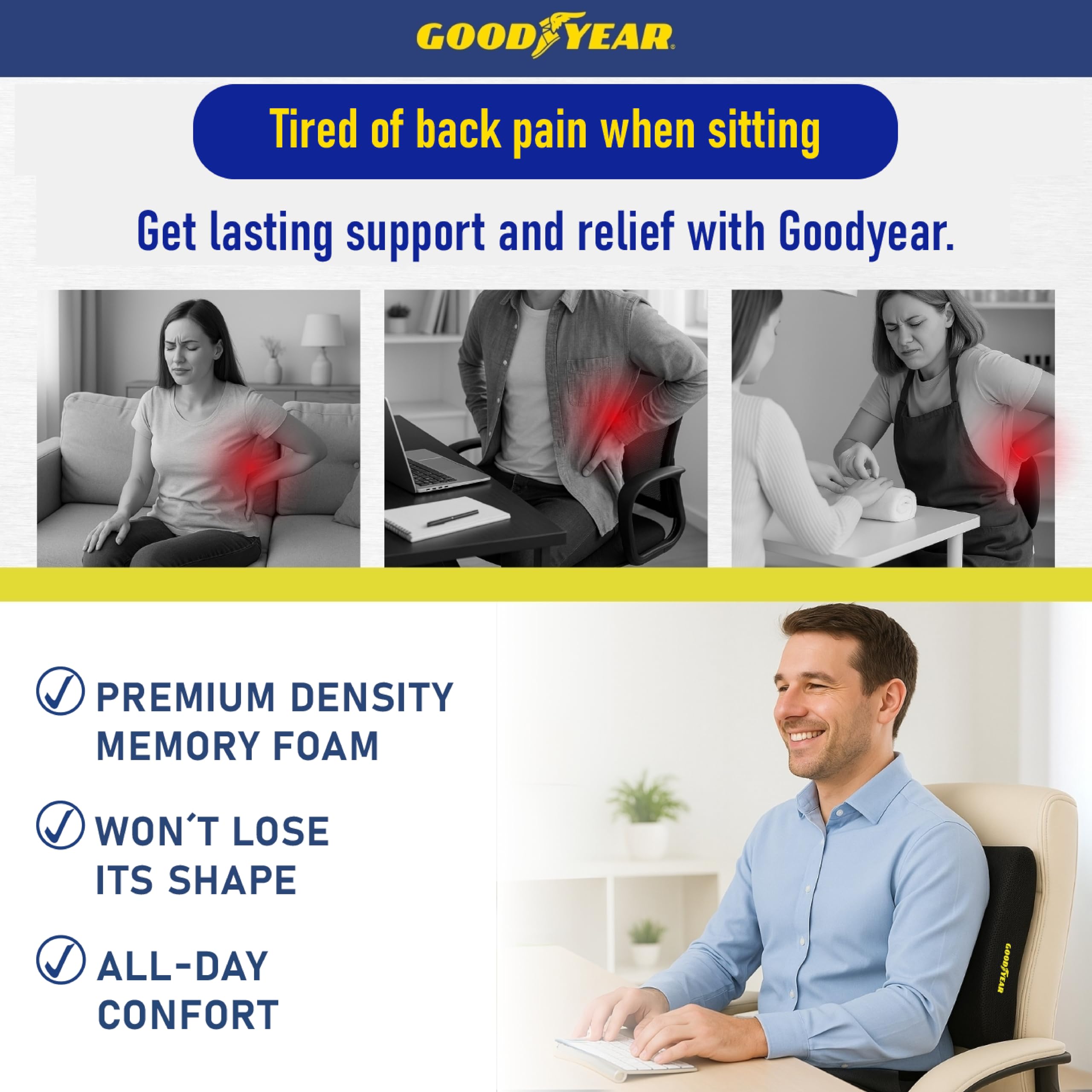 Goodyear GY1217 Coussin Lombaire rafraîchissant en Mousse à mémoire de Forme de qualité supérieure pour soulager Les douleurs dans Le Bas du Dos Sangle réglable pour différentes Tailles de siège