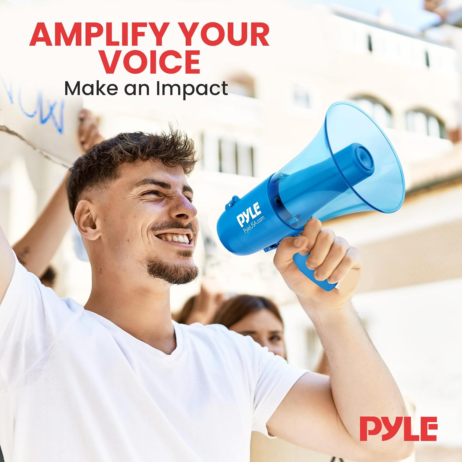 Pyle 30W Portable Megaphone Speaker, 1200-Yard Range, Lightweight Bullhorn with Siren, Rechargeable Battery, Handheld Mic, Adjustable Volume Control, Durable for Indoor/Outdoor Use, Transparent Blue