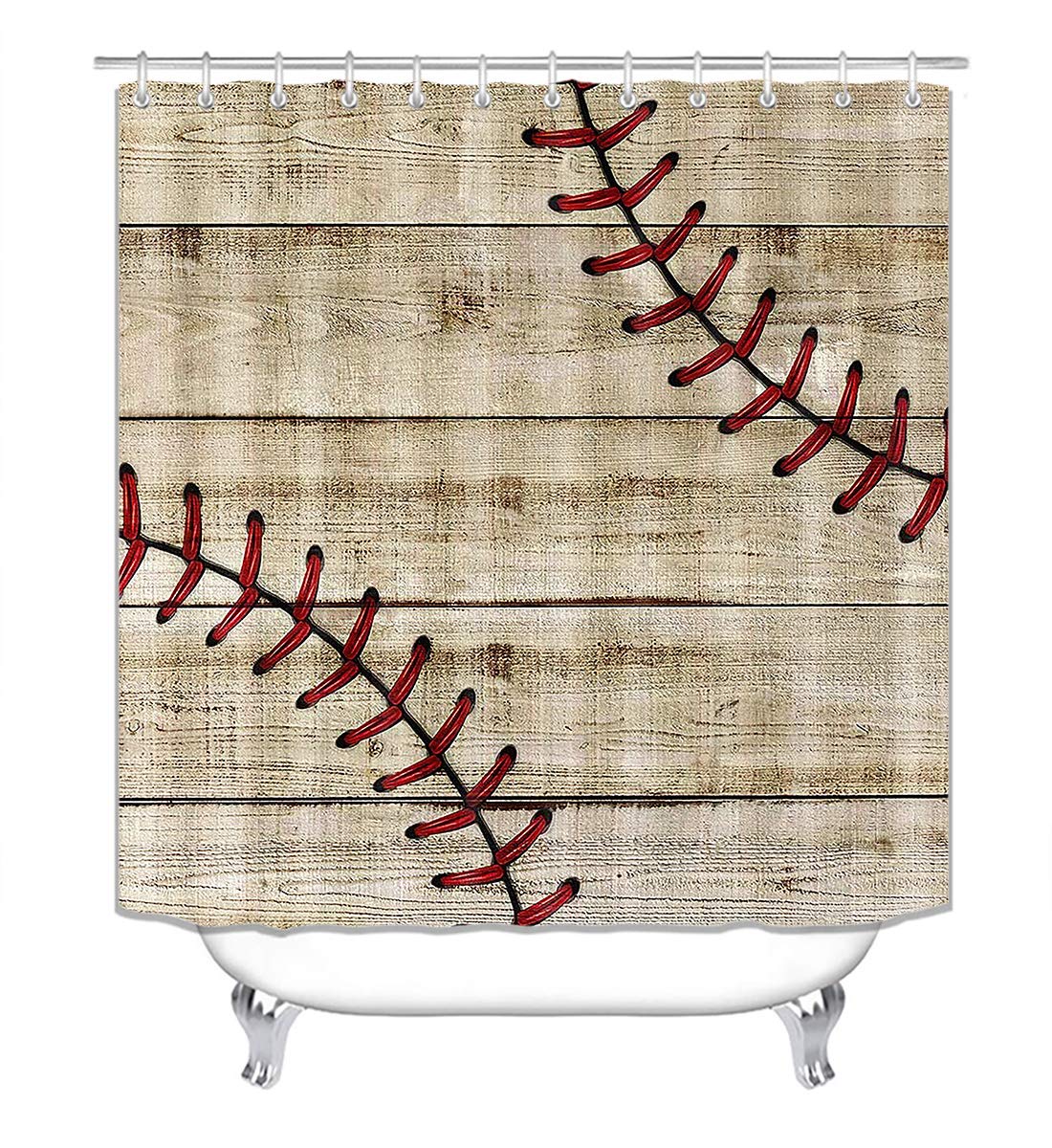 Jayden&Madge 4PCS/Set Rustic Baseball Fabric Shower Curtain, American Sports Vintage Country Beige Wooden Plank Board Bathroom Decor, Non-Slip Bath Rugs Soft Toilet Carpet, for Men, Baseball