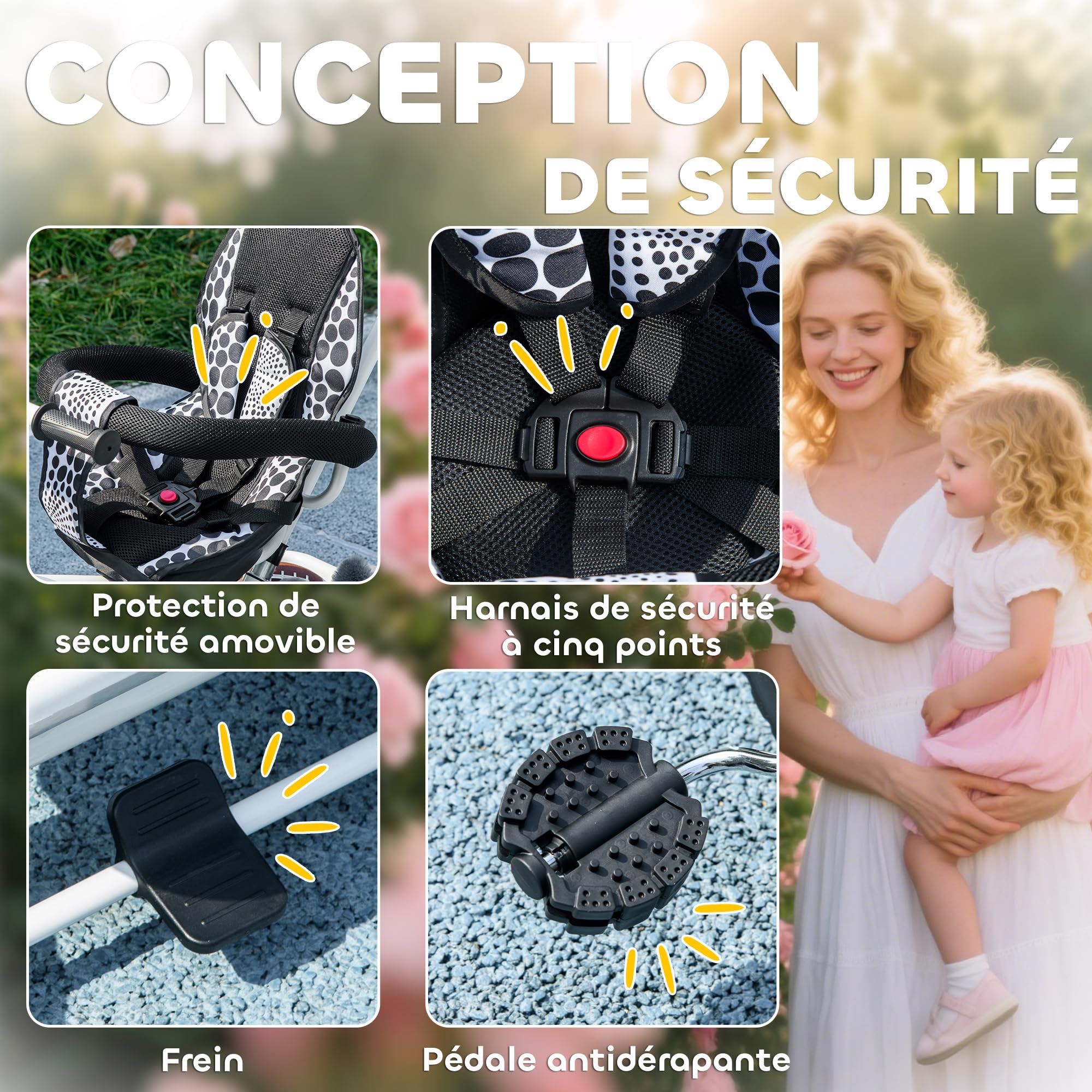 HOMCOM Tricycle Enfants Pare-Soleil Pliable Canne Amovible Benne Rangement 105 x 47 x 98 cm Acier Blanc et Noir