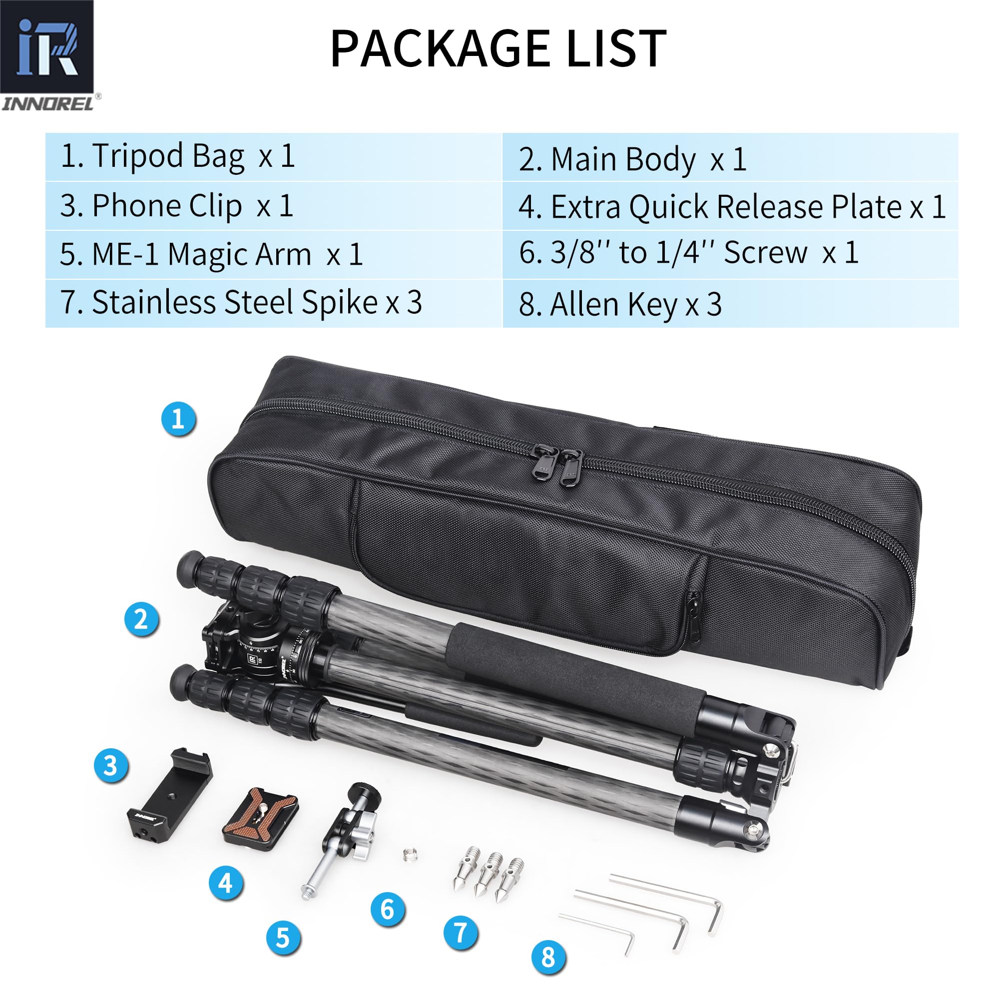 INNOREL RT45C+F10 - Trípode portátil de fibra de carbono de 10 capas profesional, compacto, ligero, trípode para cámara réflex digital, videocámara con mini cabezal de video fluido de amortiguación