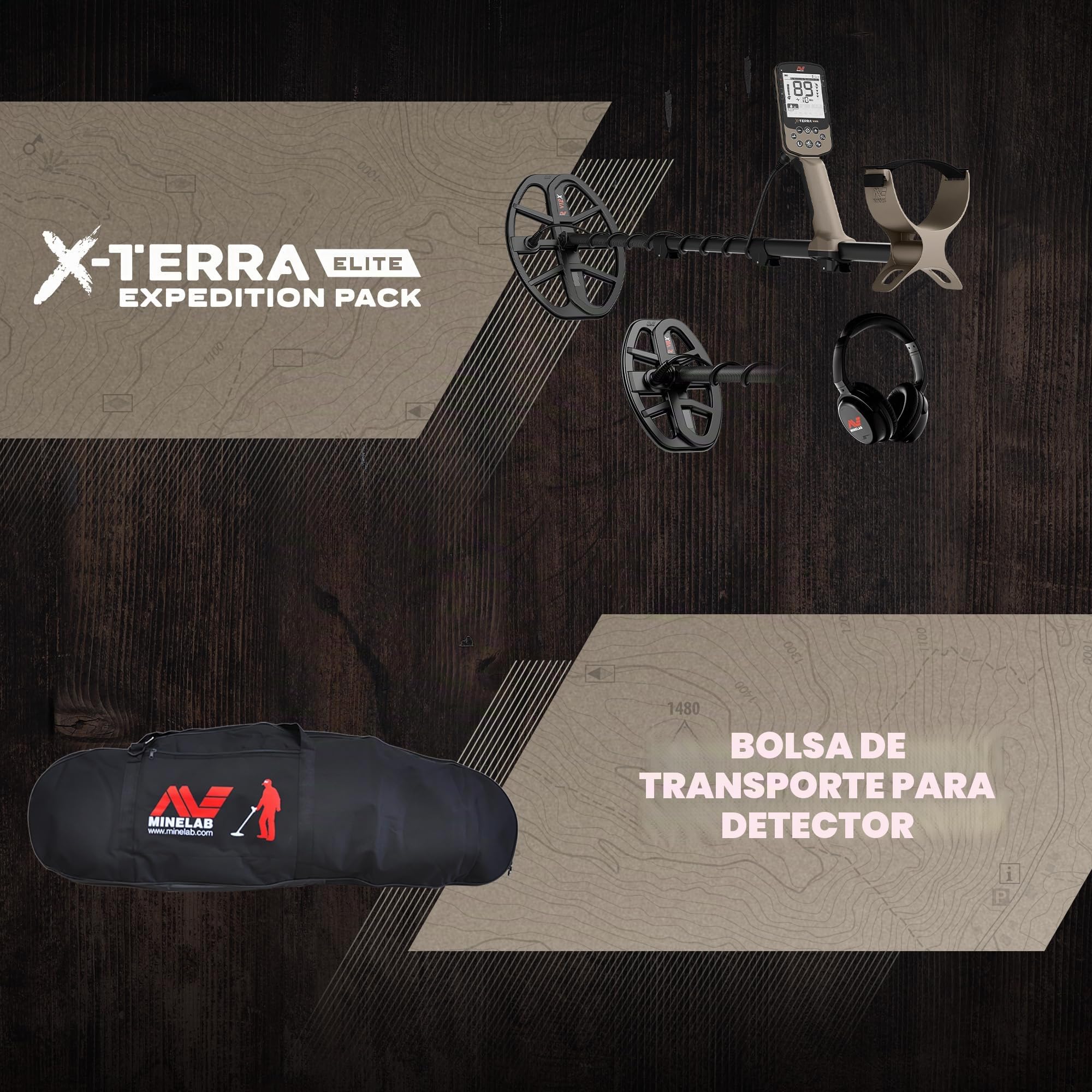 MINELAB X-Terra Elite Expedition Bundle, impermeable, All Terrain Treasure Metal Detector, Multi-IQ Precision Targeting, Incluido V8X Coil, V12X Coil, ML85 auriculares, cable de carga y bolsa para el