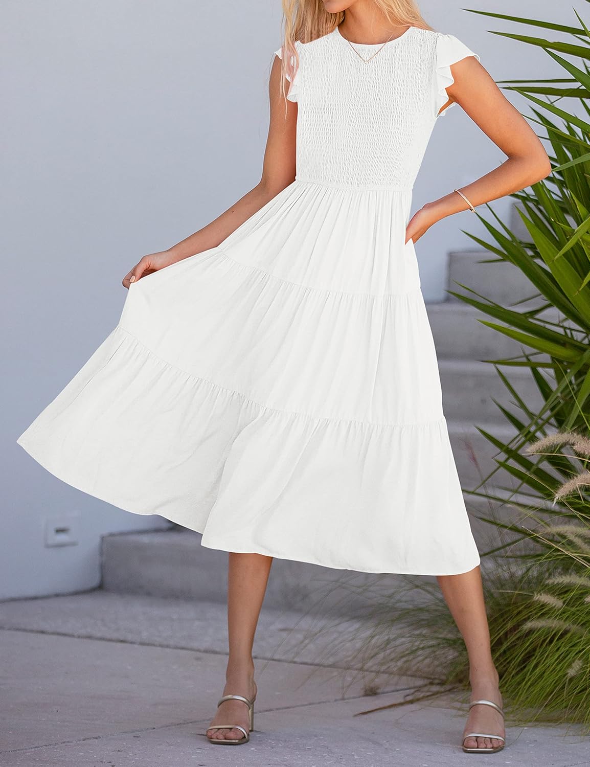 MEROKEETY Women's Flutter Short Sleeve Smocked Midi Dress Summer Casual Tiered A-Line Dress - Image 6