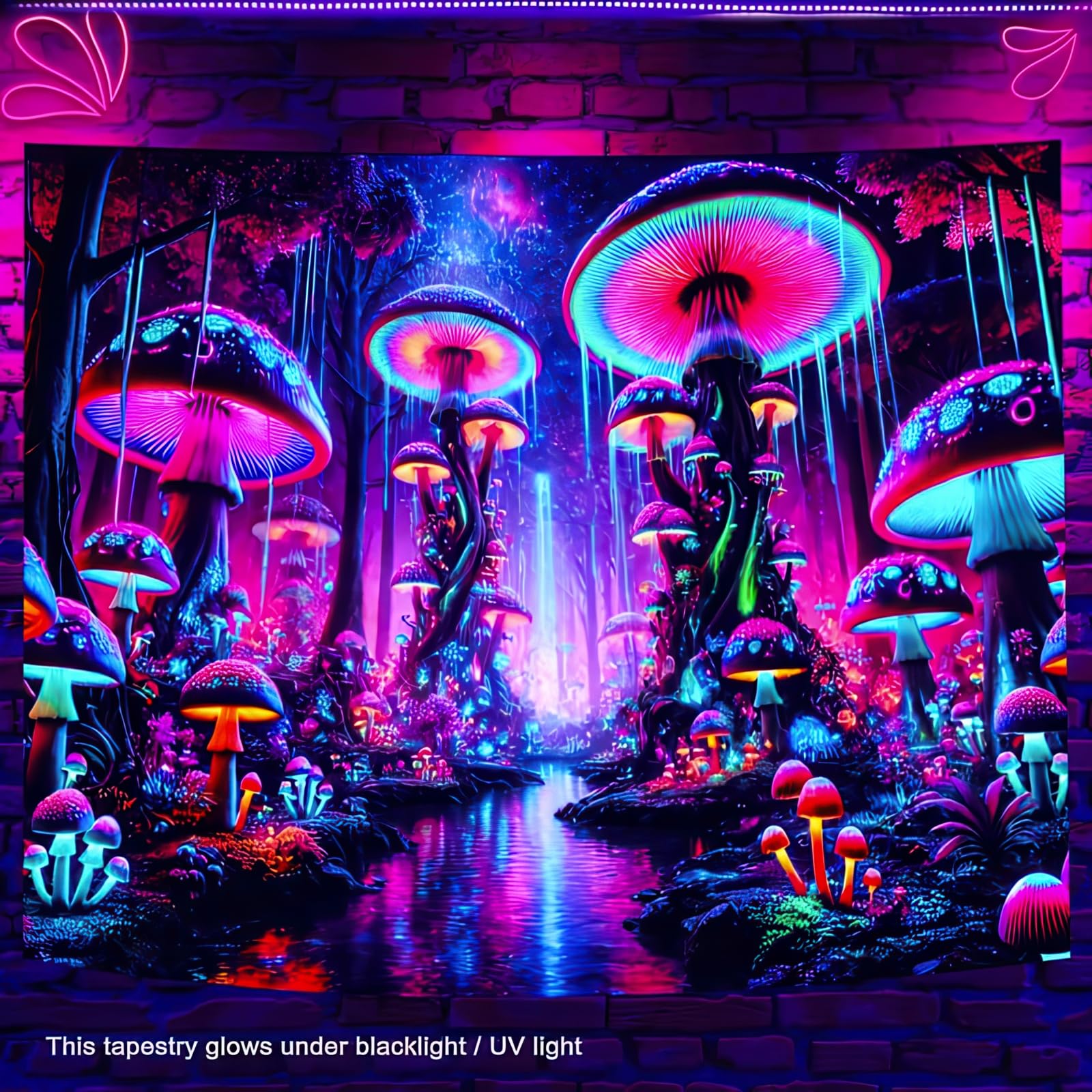 BlissYard Enchanted Neon Forest UV Black Light Tapestry - 78x59 Inch Psychedelic Glow Wall Decor For Bedroom & Parties