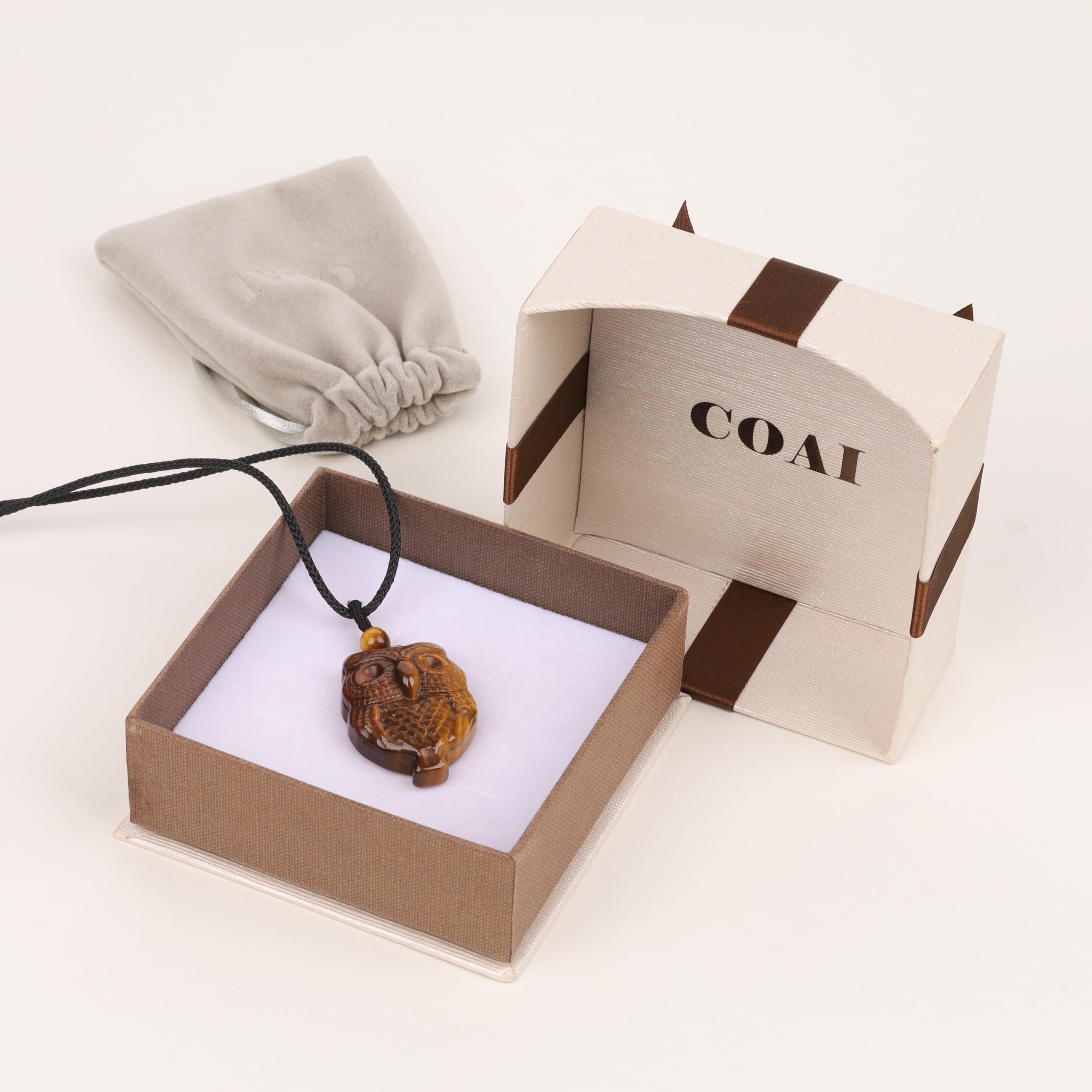 COAI Colgante Búho Unisex de Piedras Naturales Obsidiana Dorada/Ojo de Tigre