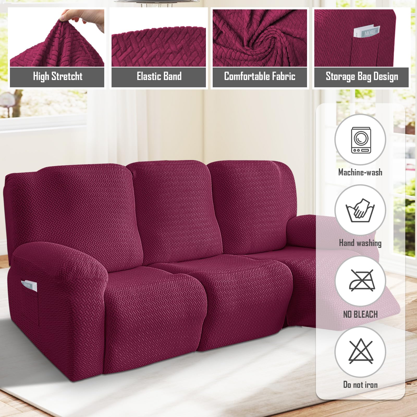 Bocguy Copripoltrona 8 Pezzi All-Inclusive, Rivestimento Elasticizzato con Tasche in Jacquard a Righe, per Poltrona Relax o TV