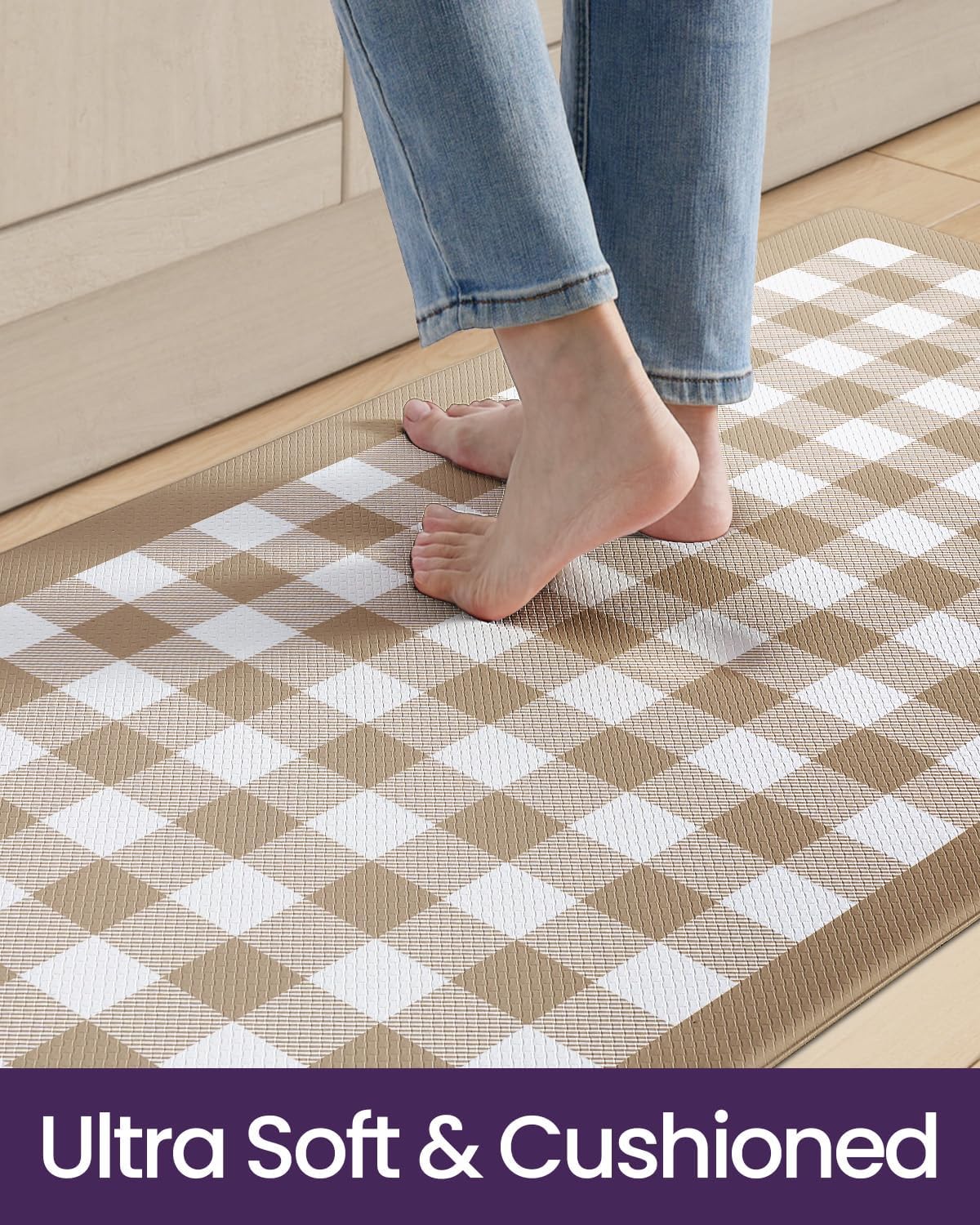 DEXI Kitchen Floor Mats Anti Fatigue, 20x29+20x59 Large Wide Cushioned Runner Rug Memory Foam, Waterproof Comfort Standing Padded Non Skid for Home Office Sink Laundry, Beige and White Buffalo Plaid 20"L x 29"W x 0.4"Th +20"L x 59"W x 0.4"Th Checkered Beige