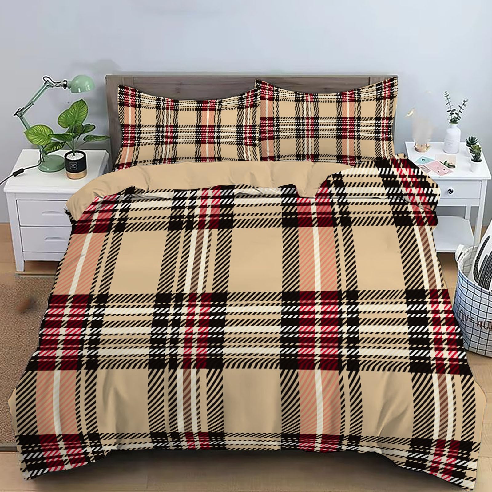 Housse de couette zippée 200x200 fini la couette qui glisse parure tartan chameau infroissable