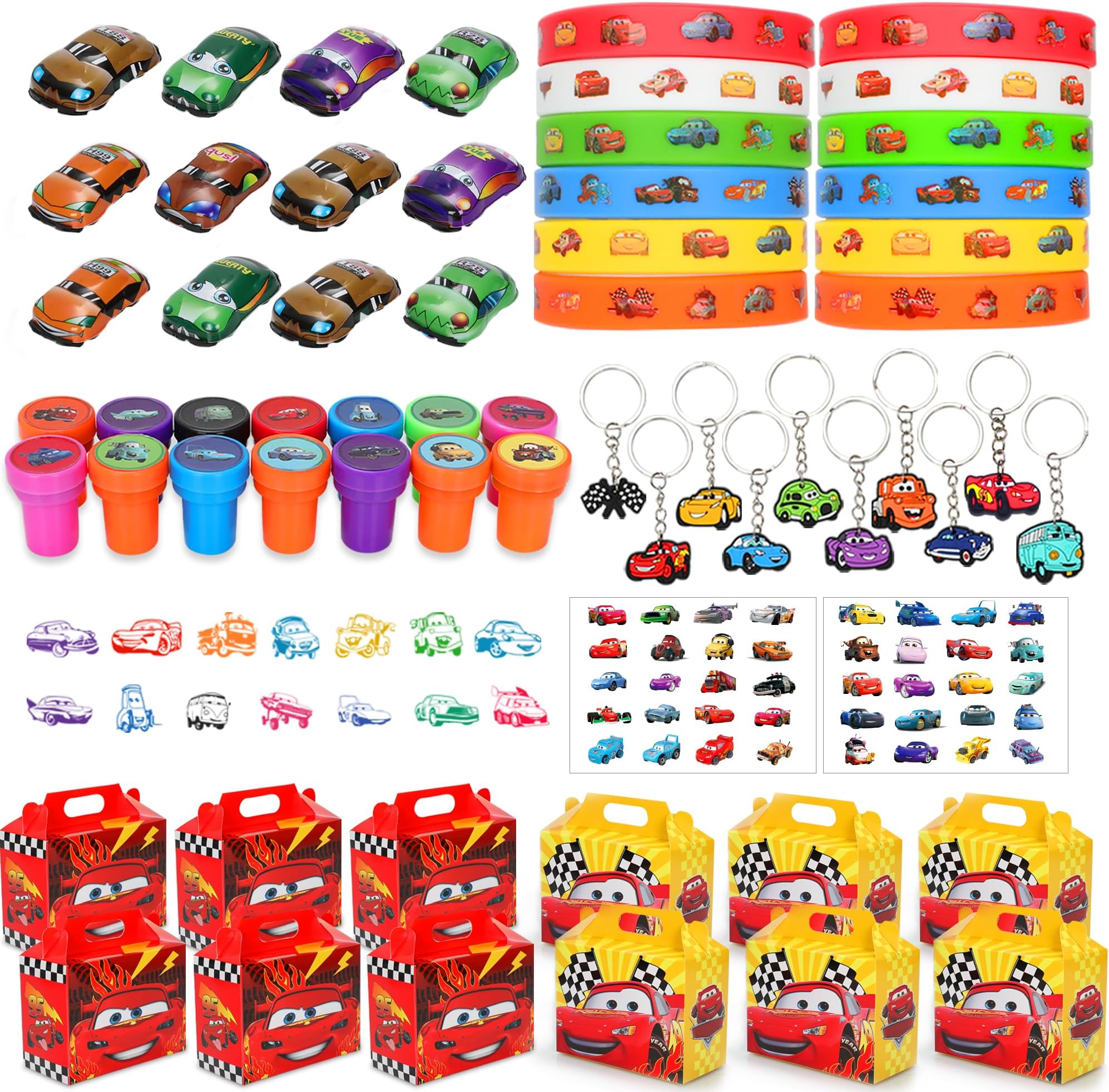 Cars Birthday Party Favors Supplies for Birthday Party Decorations Include 12Pcs Cars, 14Pcs Stampers, 12Pcs Keychains, 12Pcs Gift Boxes, 4Pcs Tattoo Stickers
