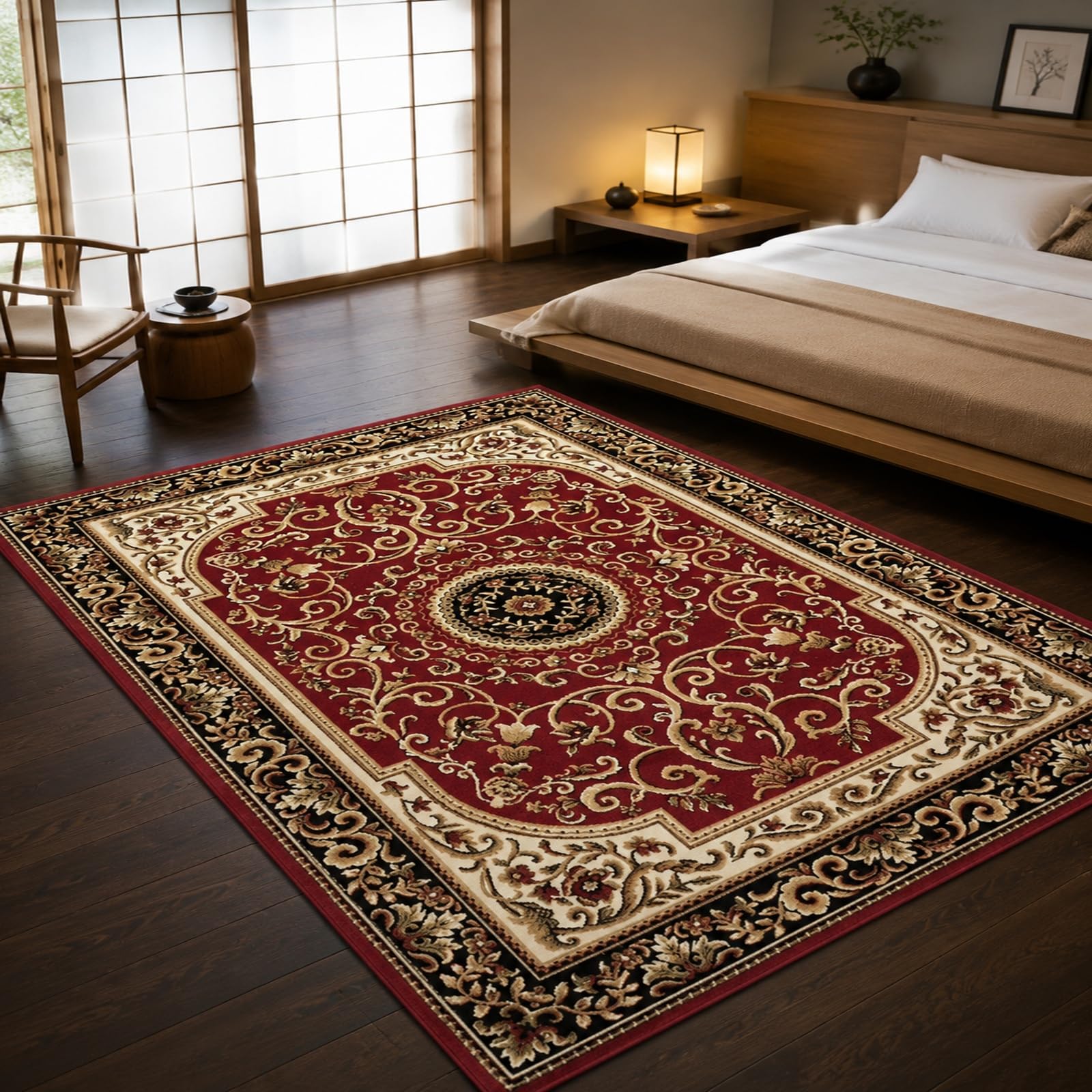 Tapis de salon rouge et noir lavable en machine style oriental 150x150