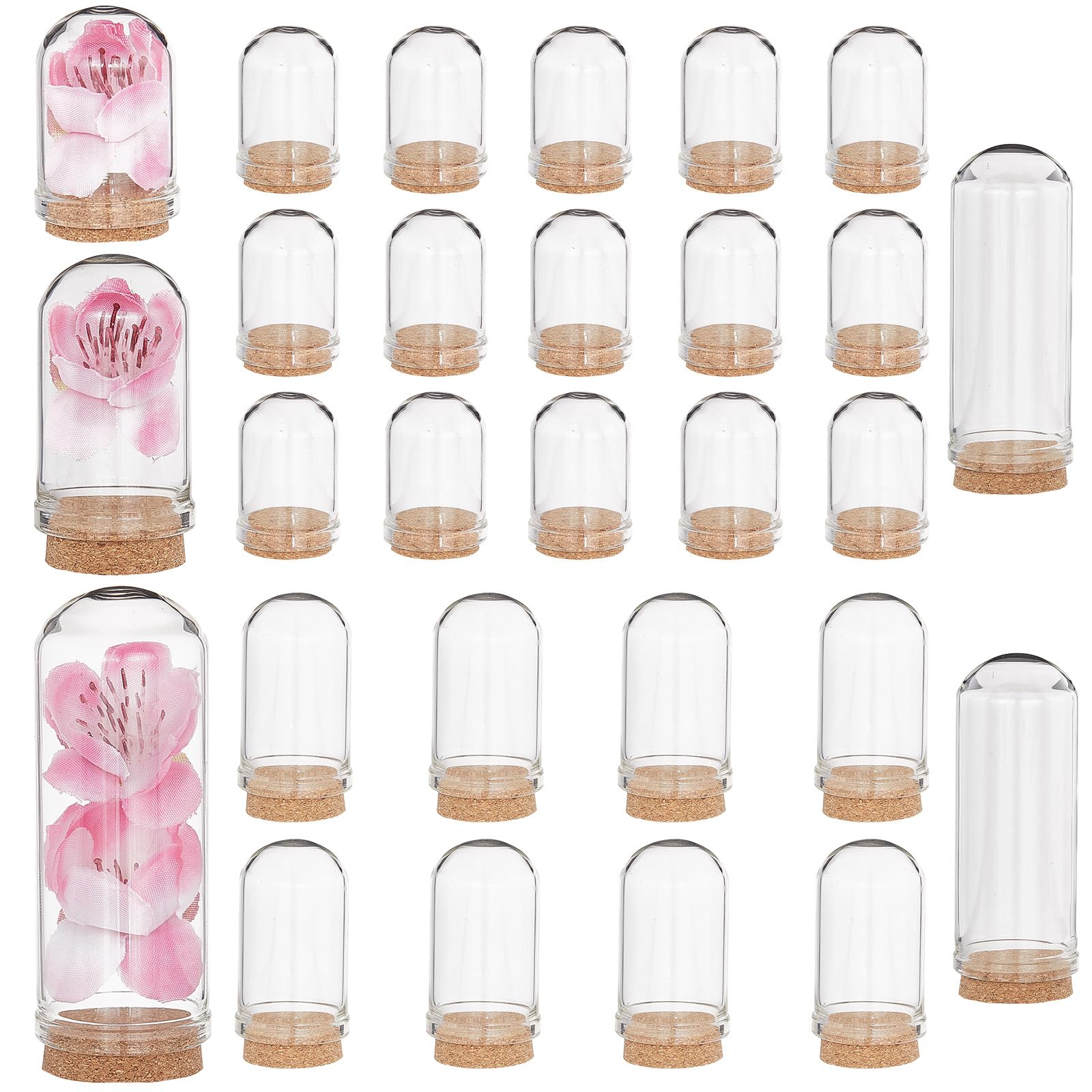 CRASPIRE 25Pcs Glass Cloche Dome 3 Size Mini Display Bell Jar with Cork Base Stand Cover DIY Decorative Vial Terrarium Cabochons Bottles Container Wooden for Christams Figurine Flower Cover DIY Craft