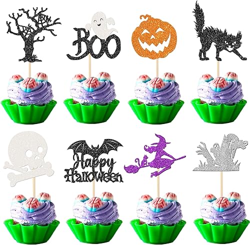 Rsstarxi Paquete de 24 adornos para cupcakes de Halloween, bruja, calabaza, fantasma, magdalenas, Halloween, murciélago, bruja, gato, decoración de