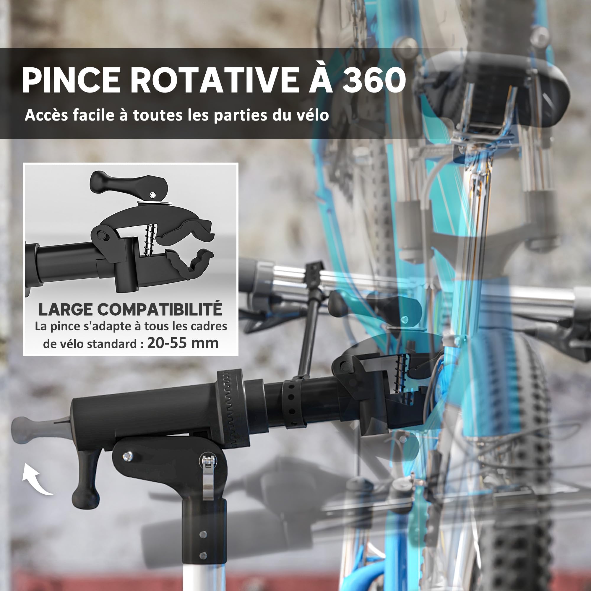 HOMCOM Pied d'atelier vélo pliable, support de réparation de vélo, hauteur réglable 107-160 cm, pince rotative à 360°, pour vélo de route, VTT, vélo électrique, noir