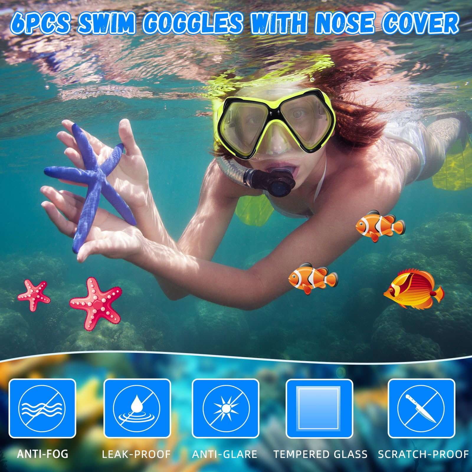 Flutesan 6 gafas de natación con cubierta de nariz para adultos, gafas de piscina, natación, buceo, gafas de natación