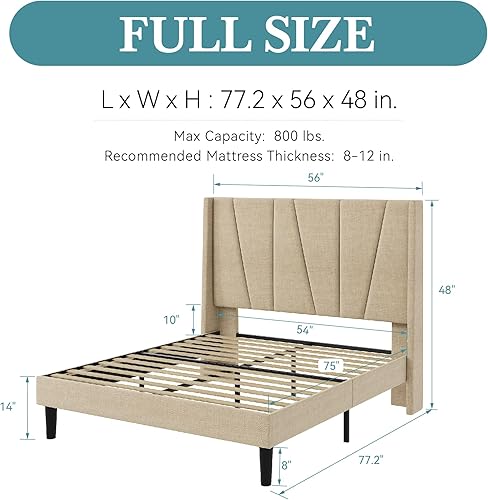 Miniatura 2 de HOOMIC Base de cama tapizada de tamaño matrimonial con cabecera geométrica moderna con respaldo de ala, listones de madera, no necesita somier, base