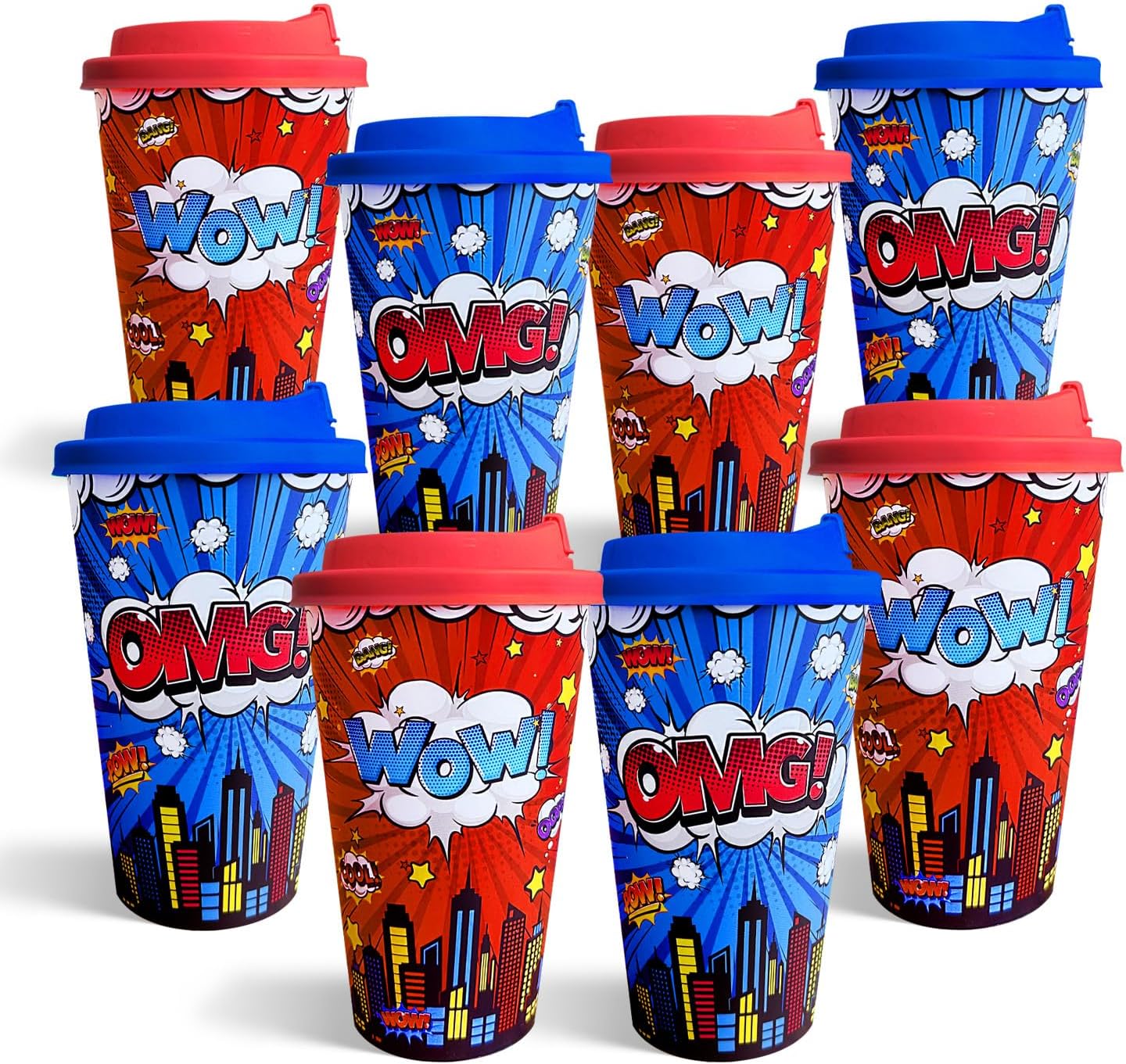 24 Pcs Spider Themed Party Cups with Lids, 16oz Reusable Plastic Cups in Red Blue for Kids Birthday, Comic Hero Theme Party Decorations Supplies Tableware