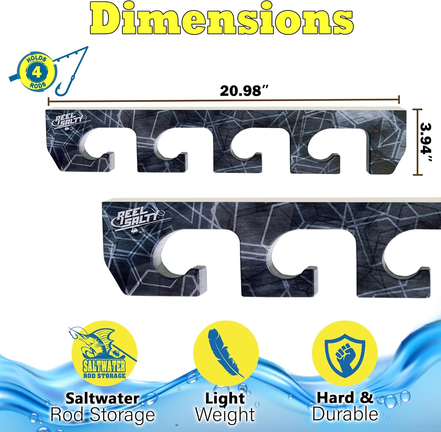 Rush Creek Creations Reel Salty Marine-Grade 4-Rod Fishing Rod Holder, Wall/Ceiling Mount Waterproof & UV-Resistant Saltwater-Safe Fishing Pole Organizer for Garage or Home Storage