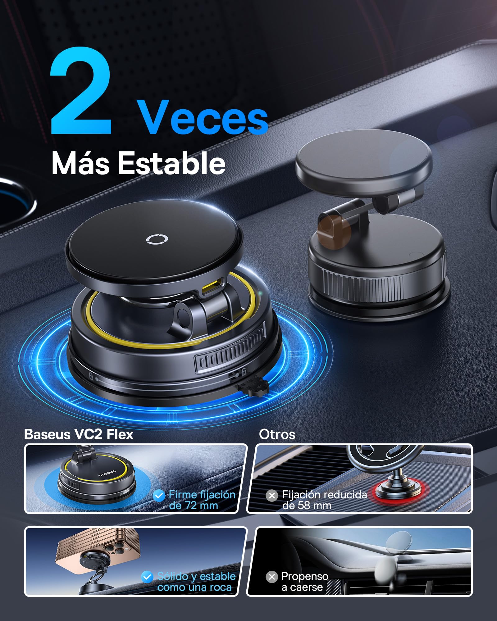 Baseus VC2 Flex Pro 15W Cargador Inalámbrico Coche, Soporte Teléfono Móvil para Coche con Función de Carga, Flexibilidad de 720°, Sujeción Magnética de 35N para iPhone 17-12 Serie, Samsung