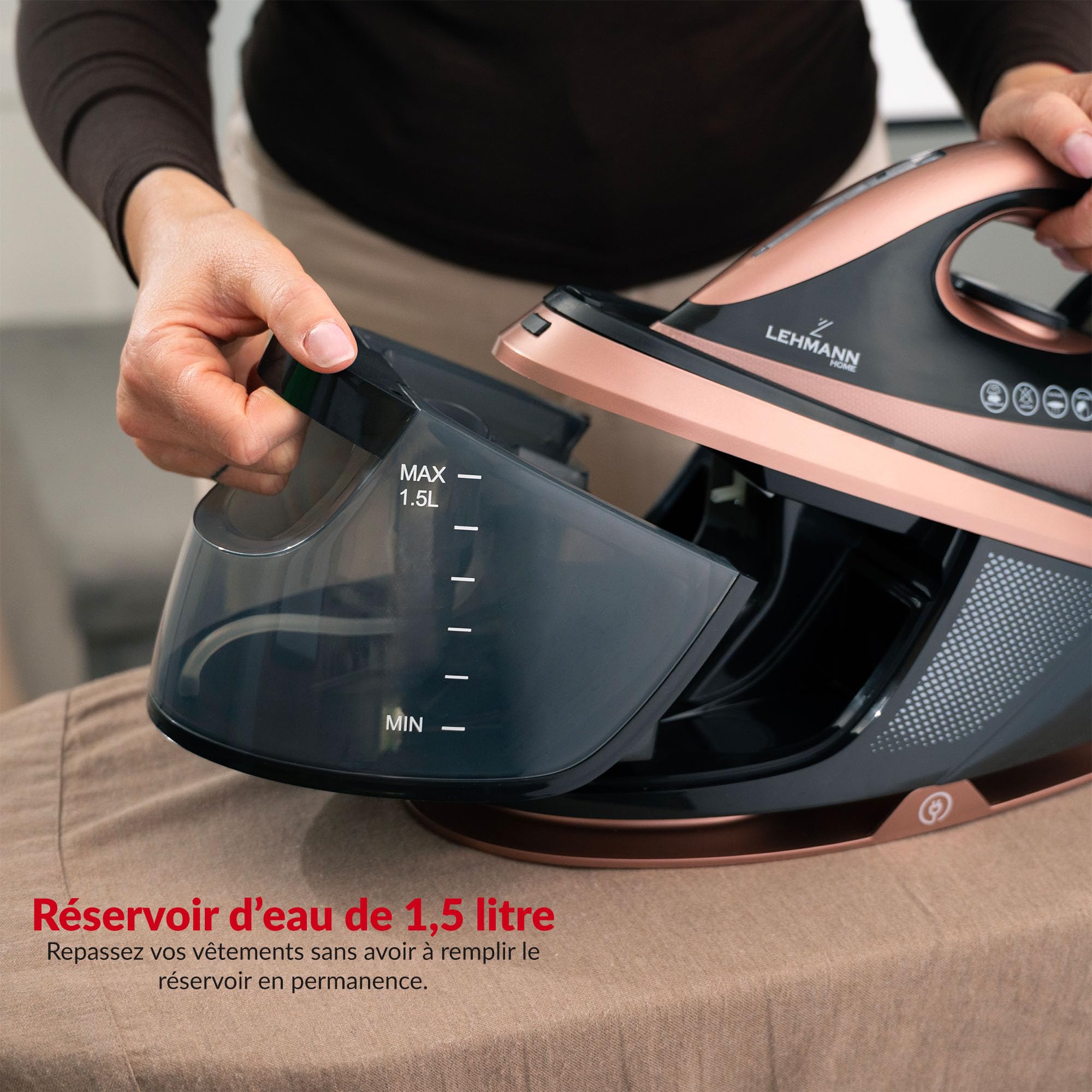 LEHMANN Centrale Vapeur, 8 bars Pression, Puissance 2400W, Réservoir 1,5L, Réglage Manuel, Mode Eco, Semelle en Céramique, 120 g/min avec Jet Vapeur Puissant, Arrêt Automatique, Noir/Or Rose