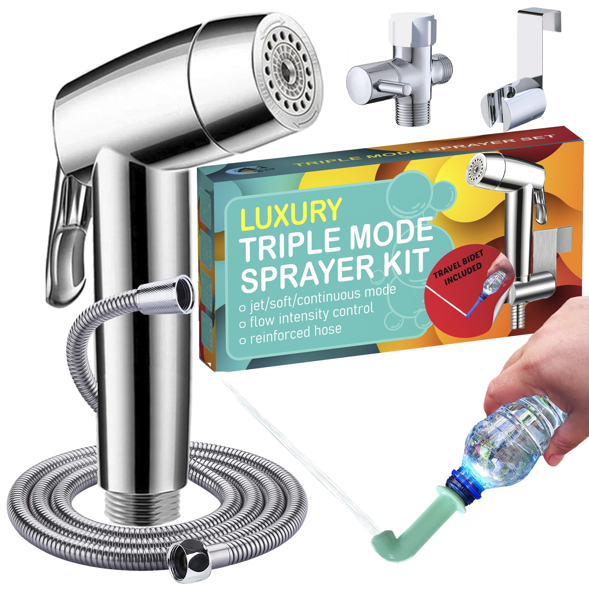 Handheld Bidet Sprayer for Toilet - Triple Mode Spray: Cloth Diaper Washer, Jet Spray &amp; Gentle Stream | Premium Adjustable Hose Sprayer Attachment for Muslim Shower Shattaf | Portable Bidet Included