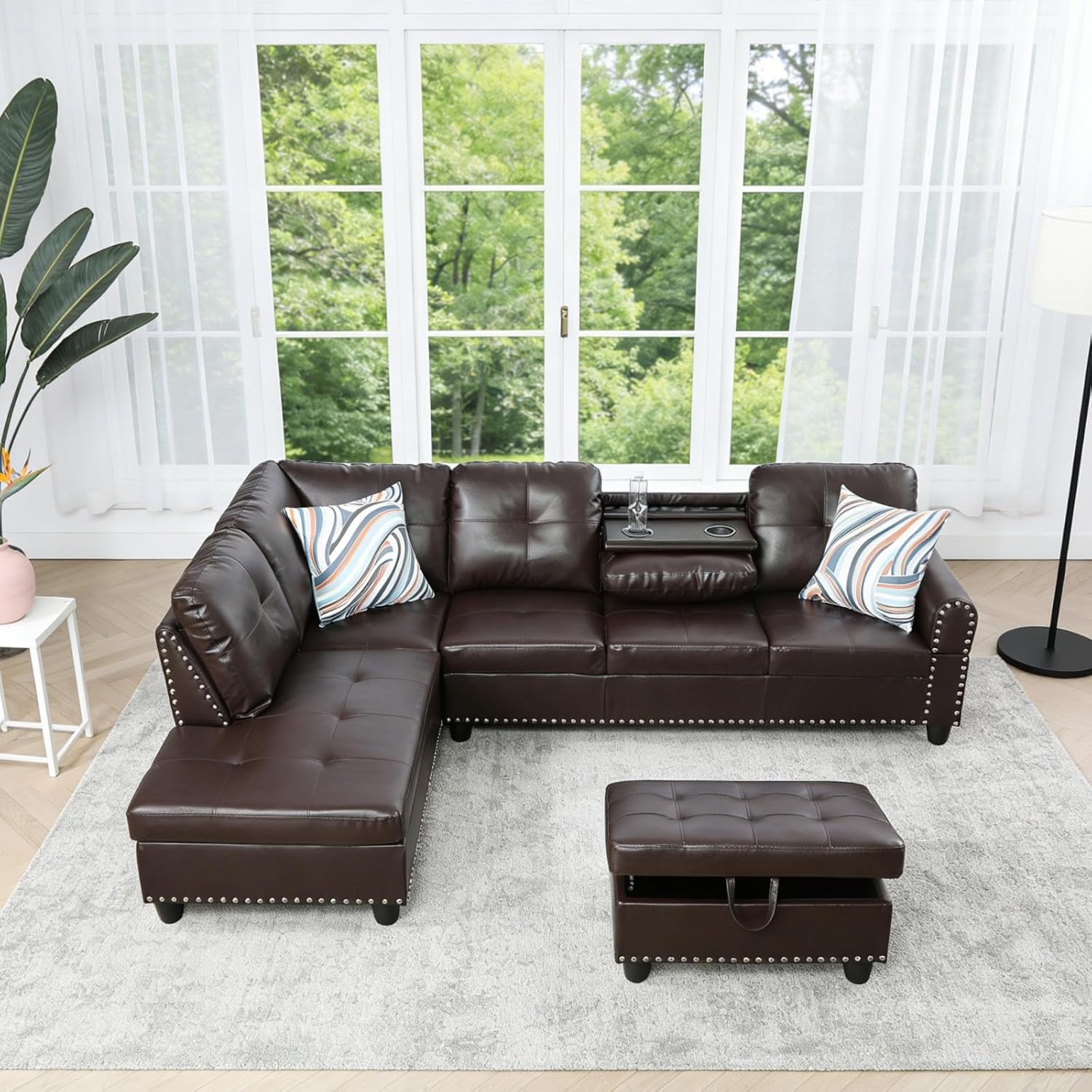 97.5 inch L-Shape Sofa with Storage Ottoman & Reversible Coffee Table, Leather Sectional Couch with Left Chaise, Modern 3-Piece Sofa Set, Upholstered Couch Set with Solid Wood Frame, Brown