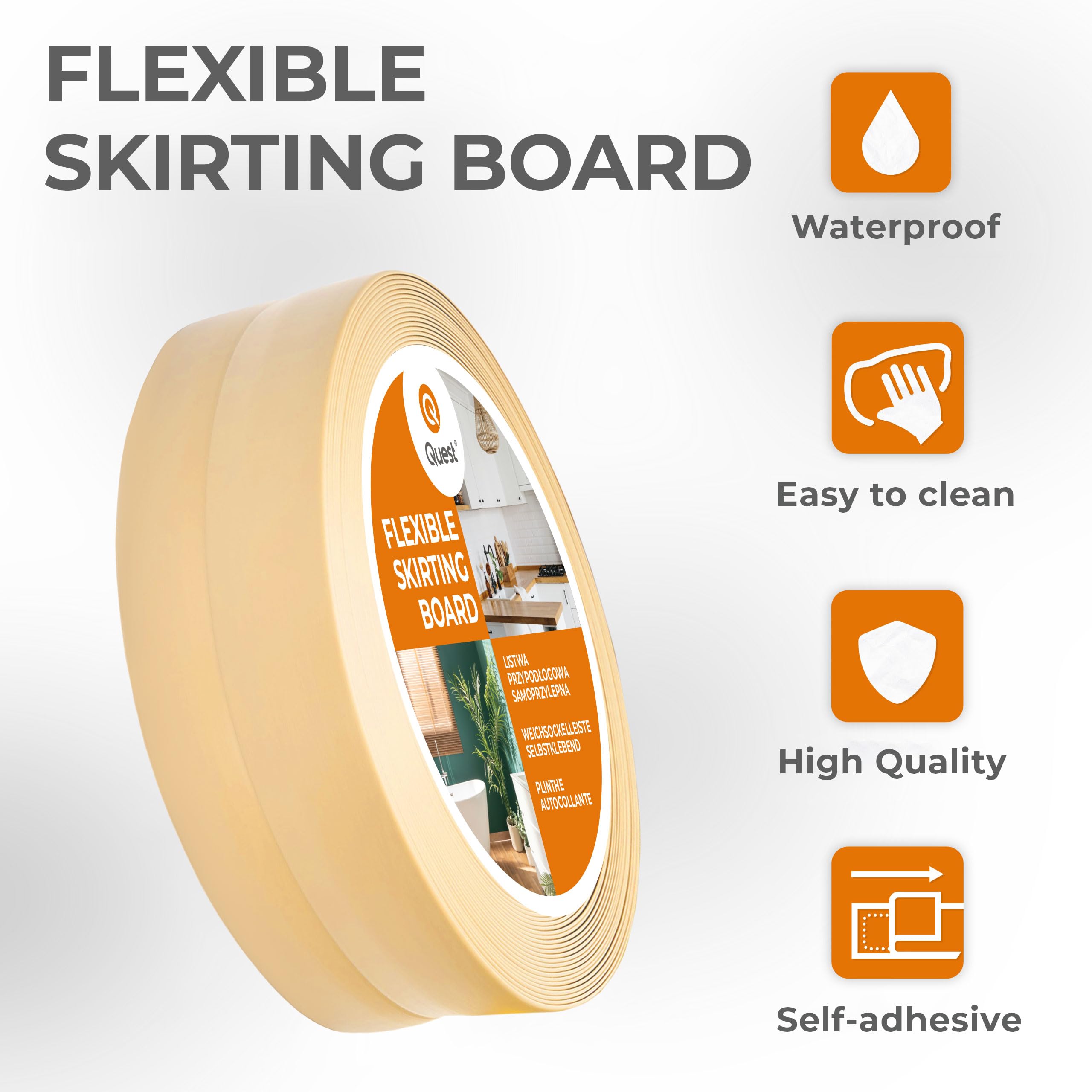 Quest Battiscopa Morbido Adesivo - 30 mm x 30 mm - Finitura Flessibile, Listello in PVC, Profilo Angolare per Cucina, Bagno, Parete, Pavimento - Decorativo, Resistente ai raggi UV (Crema, 25m)